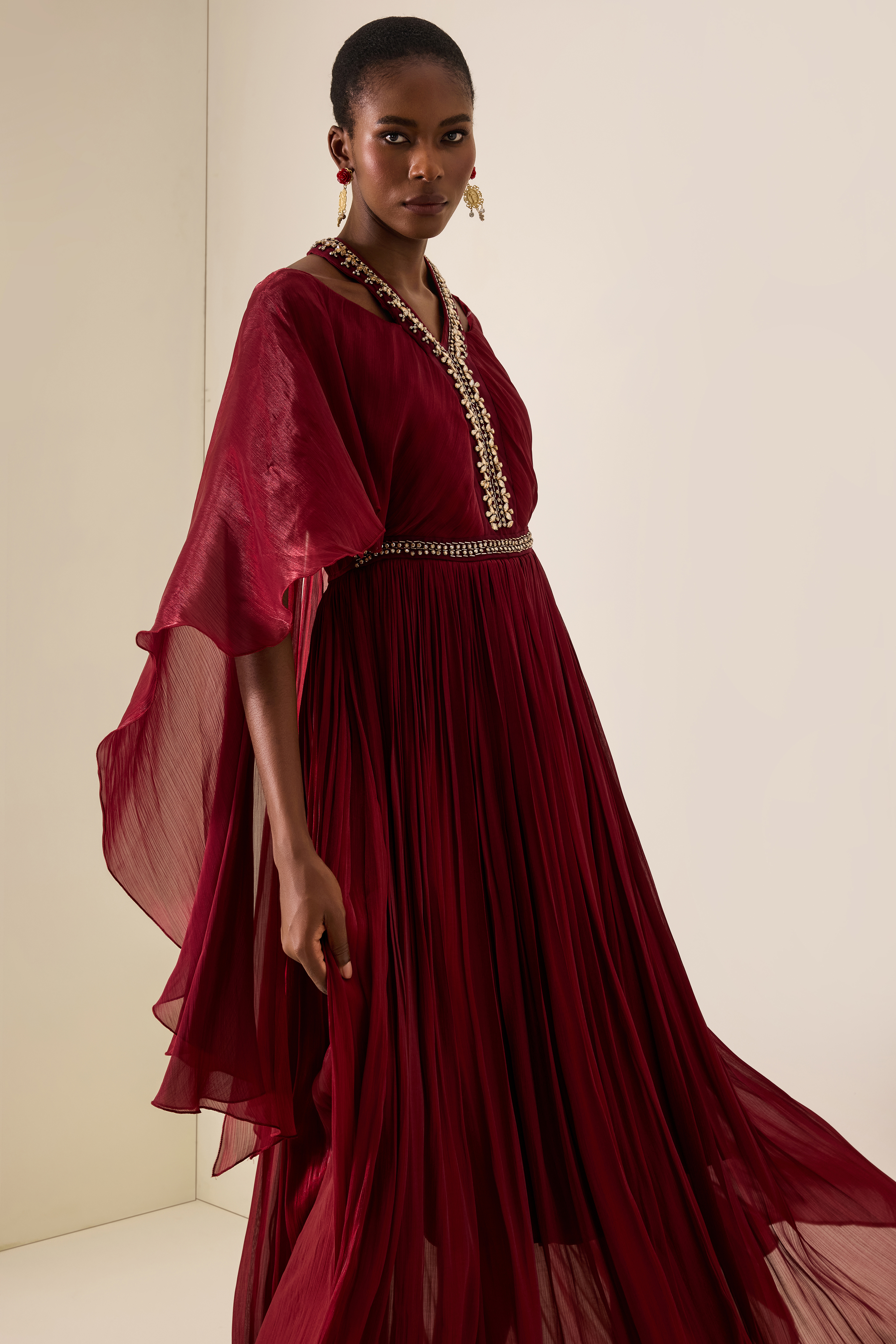 Rhinestone Rivets Cape Sleeve Midi Dress