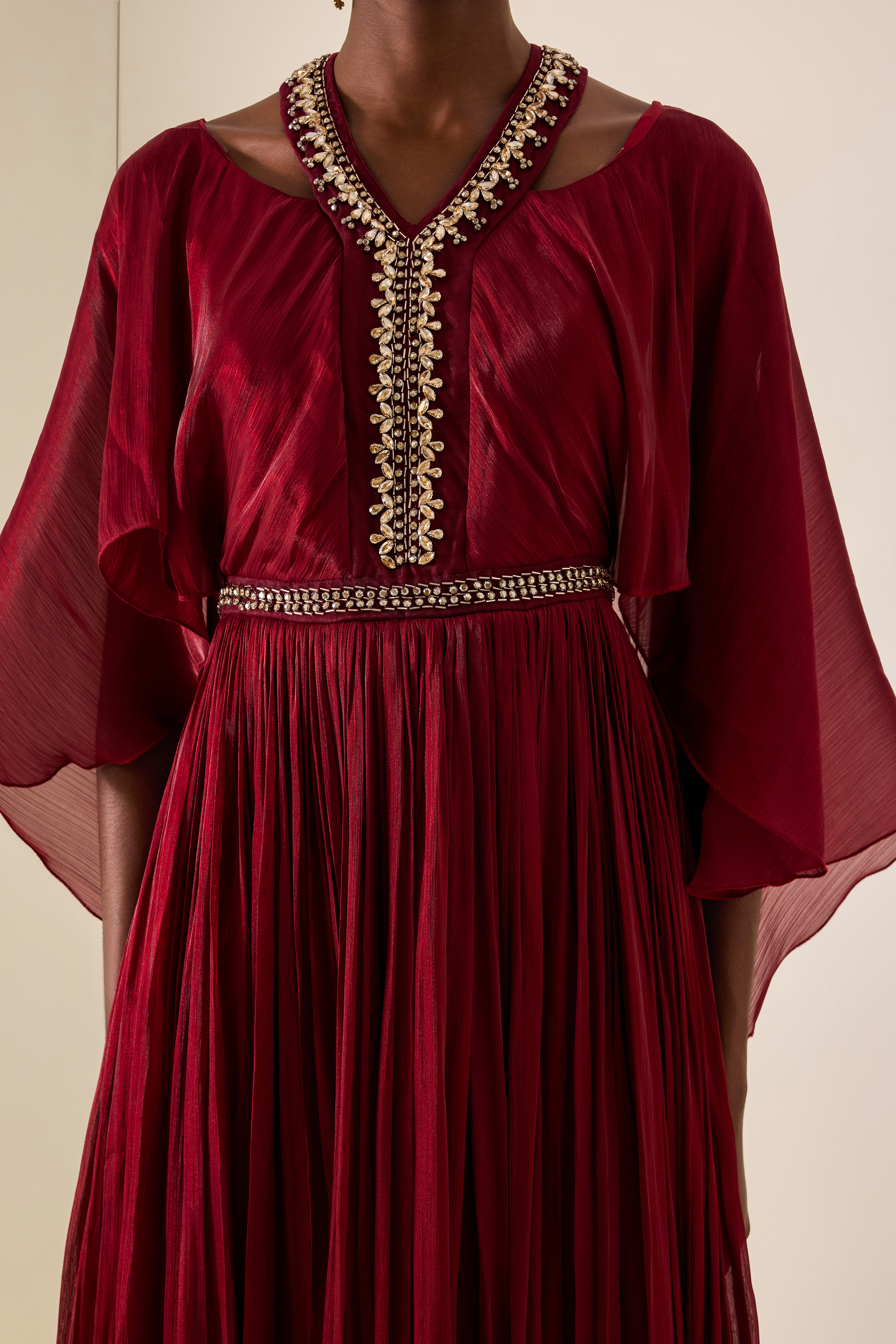 Rhinestone Rivets Cape Sleeve Midi Dress