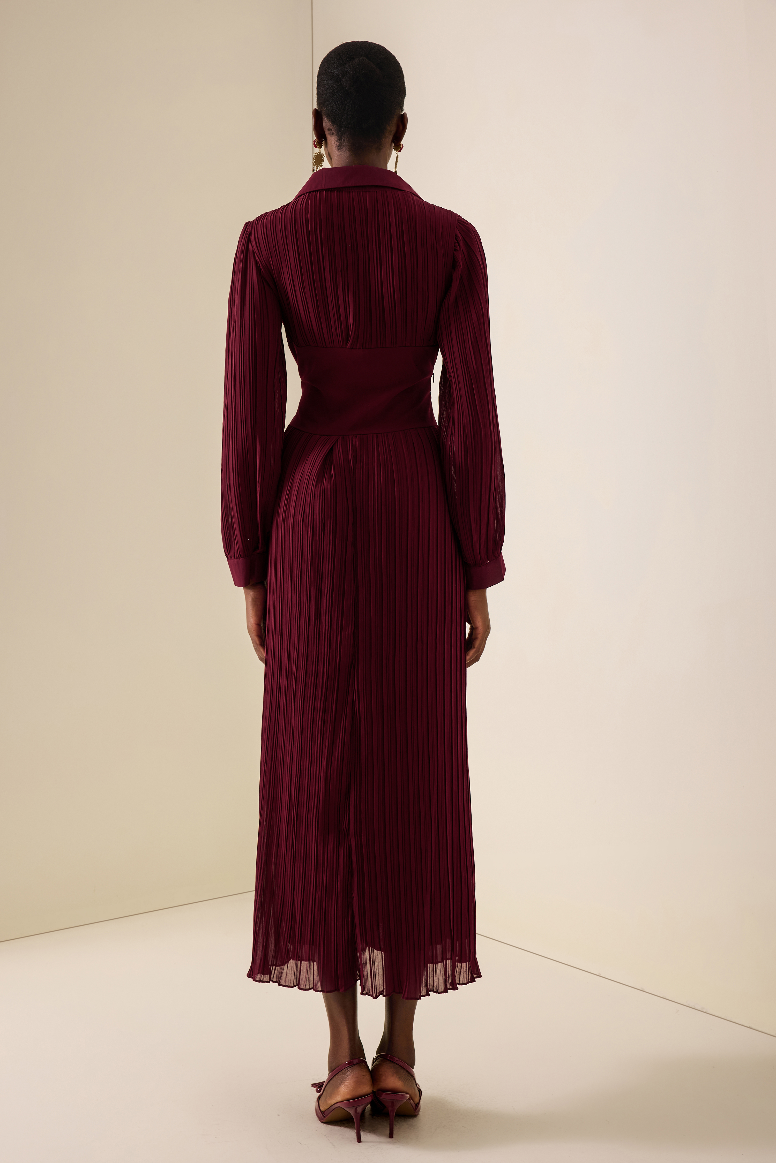 Pleat Long Sleeve Midi Dress