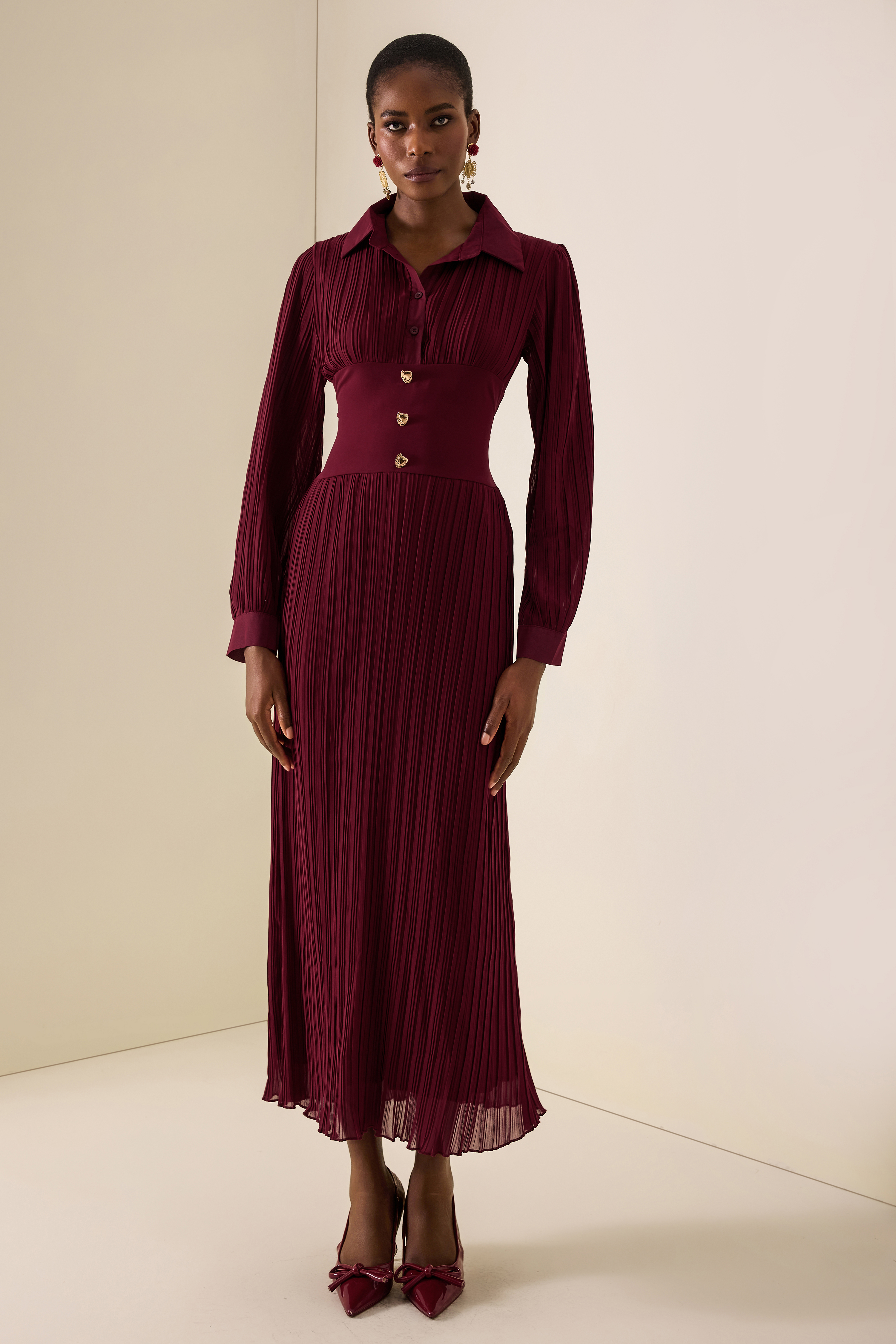 Pleat Long Sleeve Midi Dress