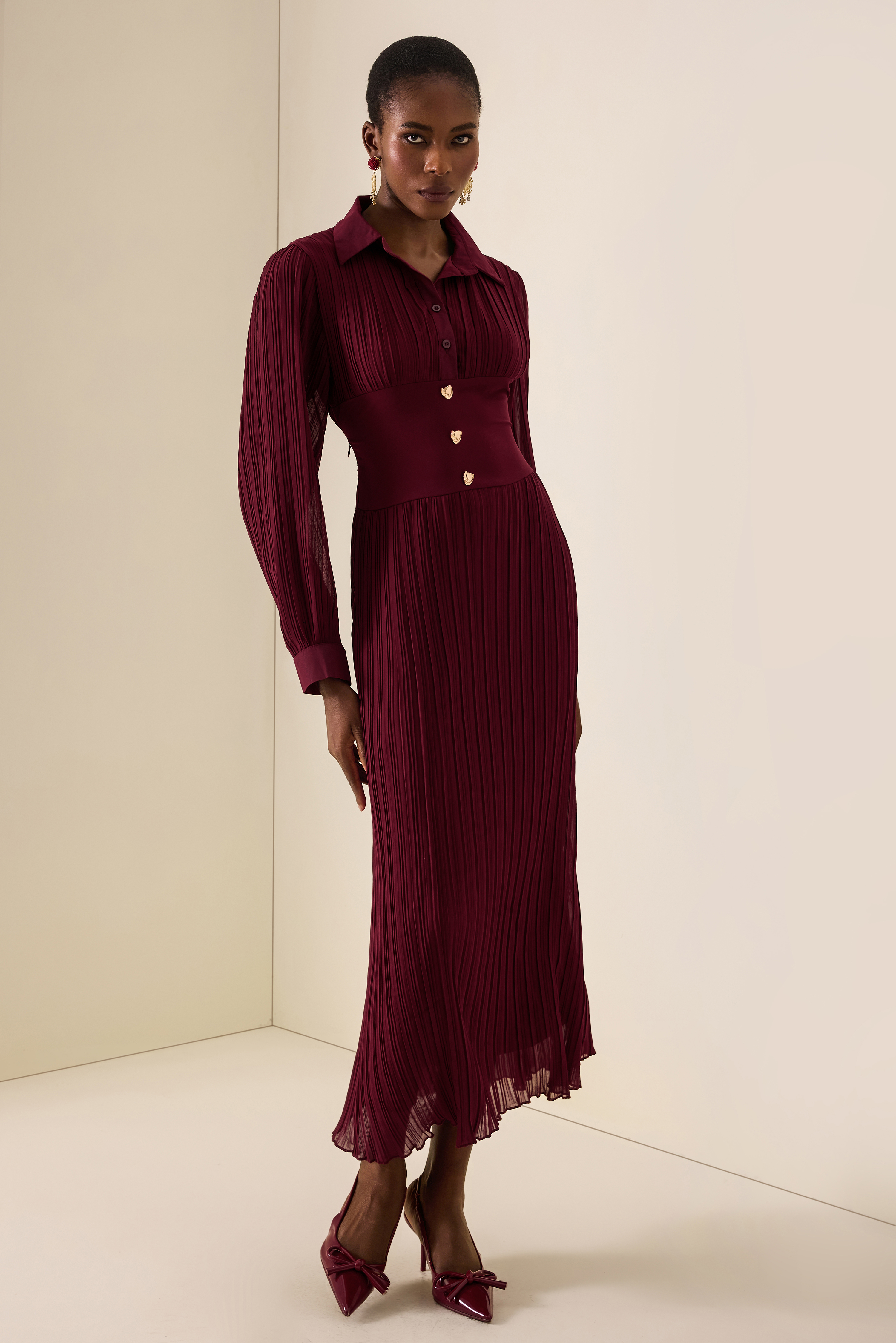 Pleat Long Sleeve Midi Dress