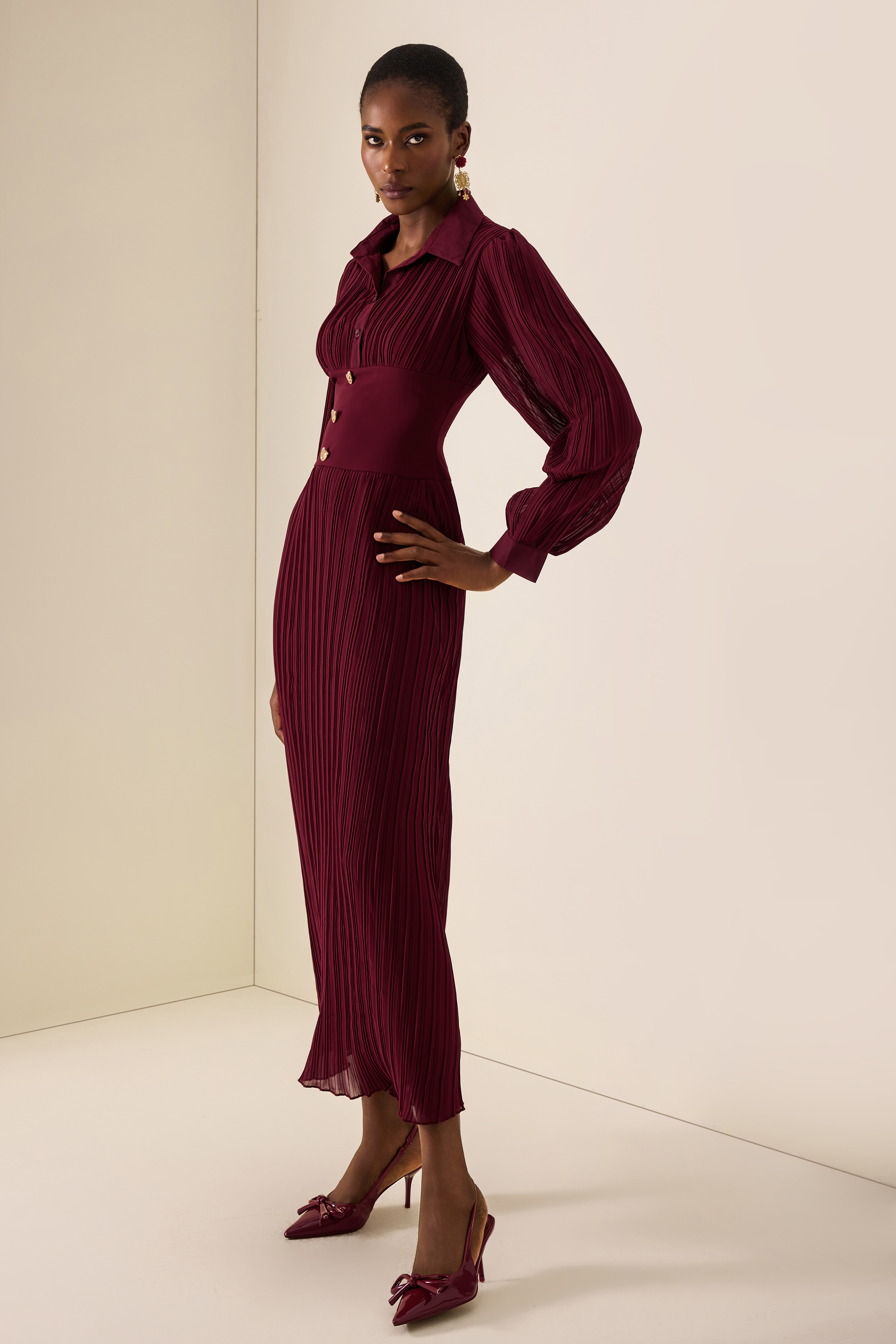 Pleat Long Sleeve Midi Dress