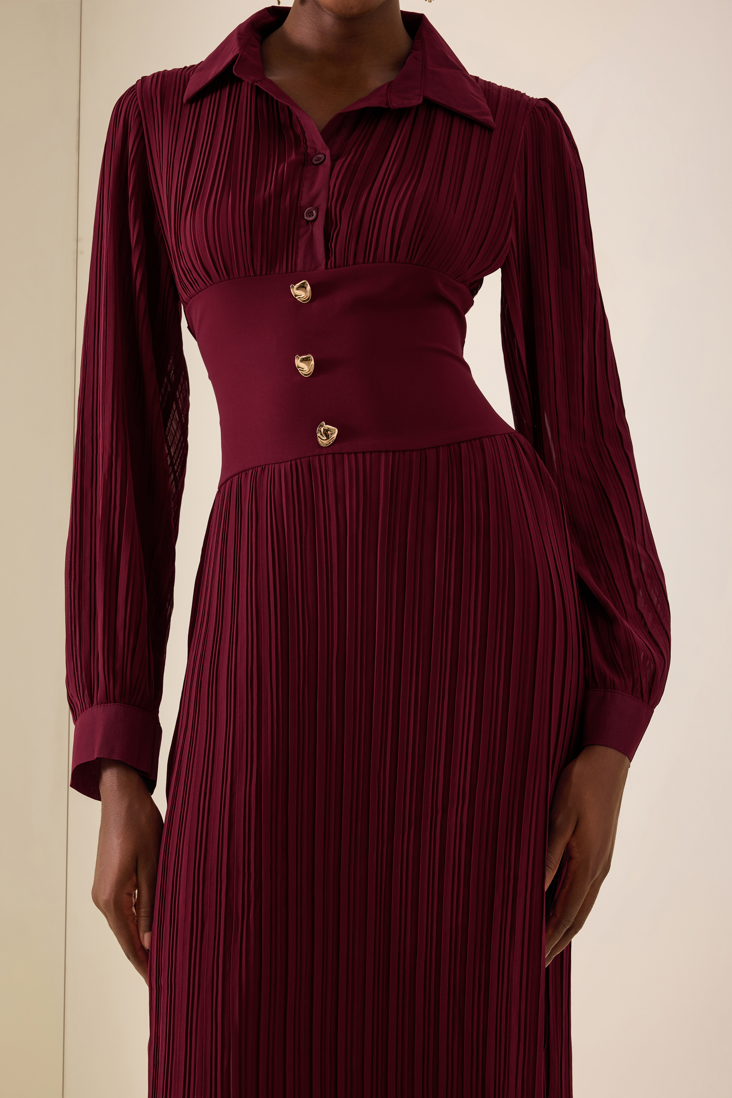 Pleat Long Sleeve Midi Dress