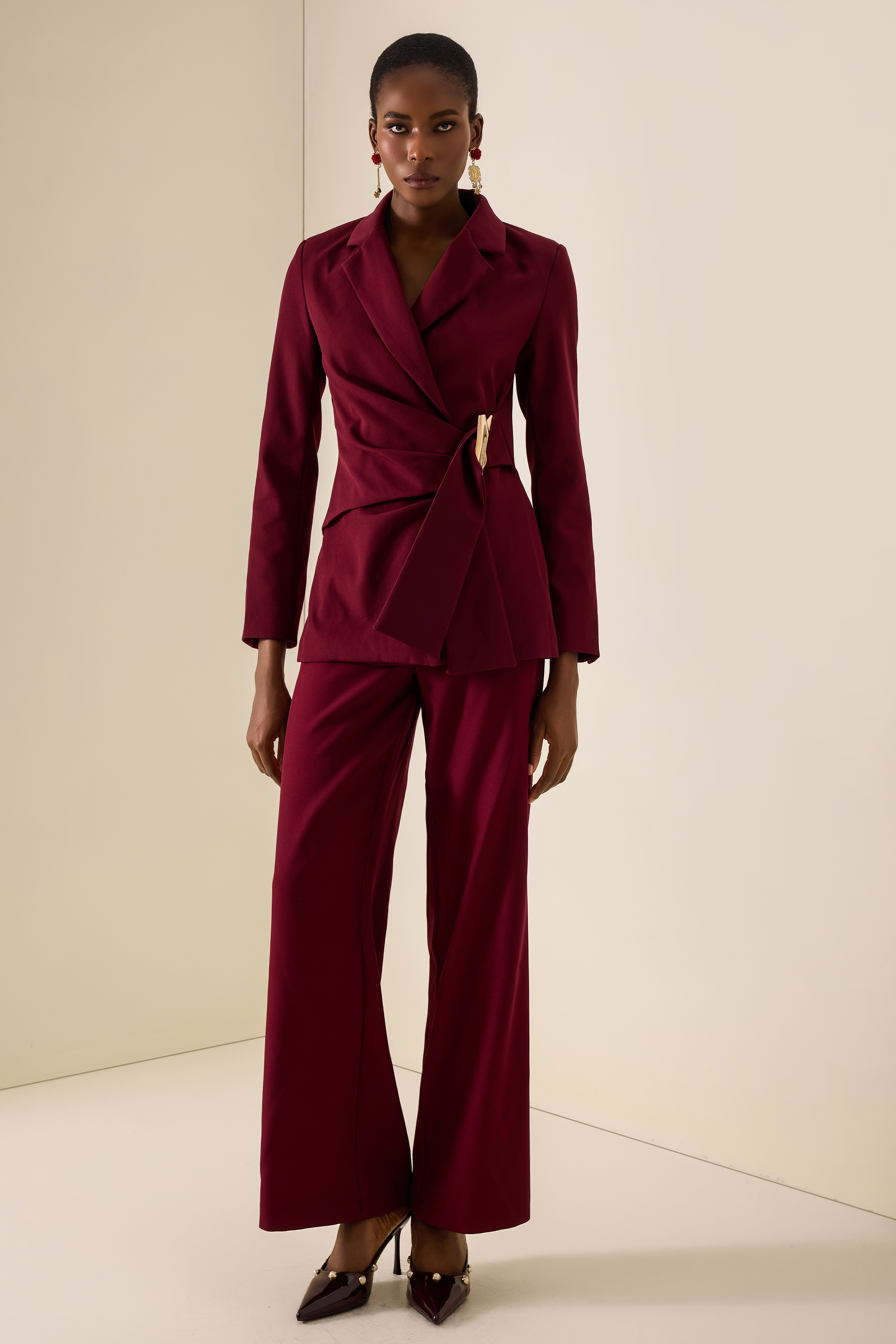Metal Decorations Ruched Blazer & Pants Set
