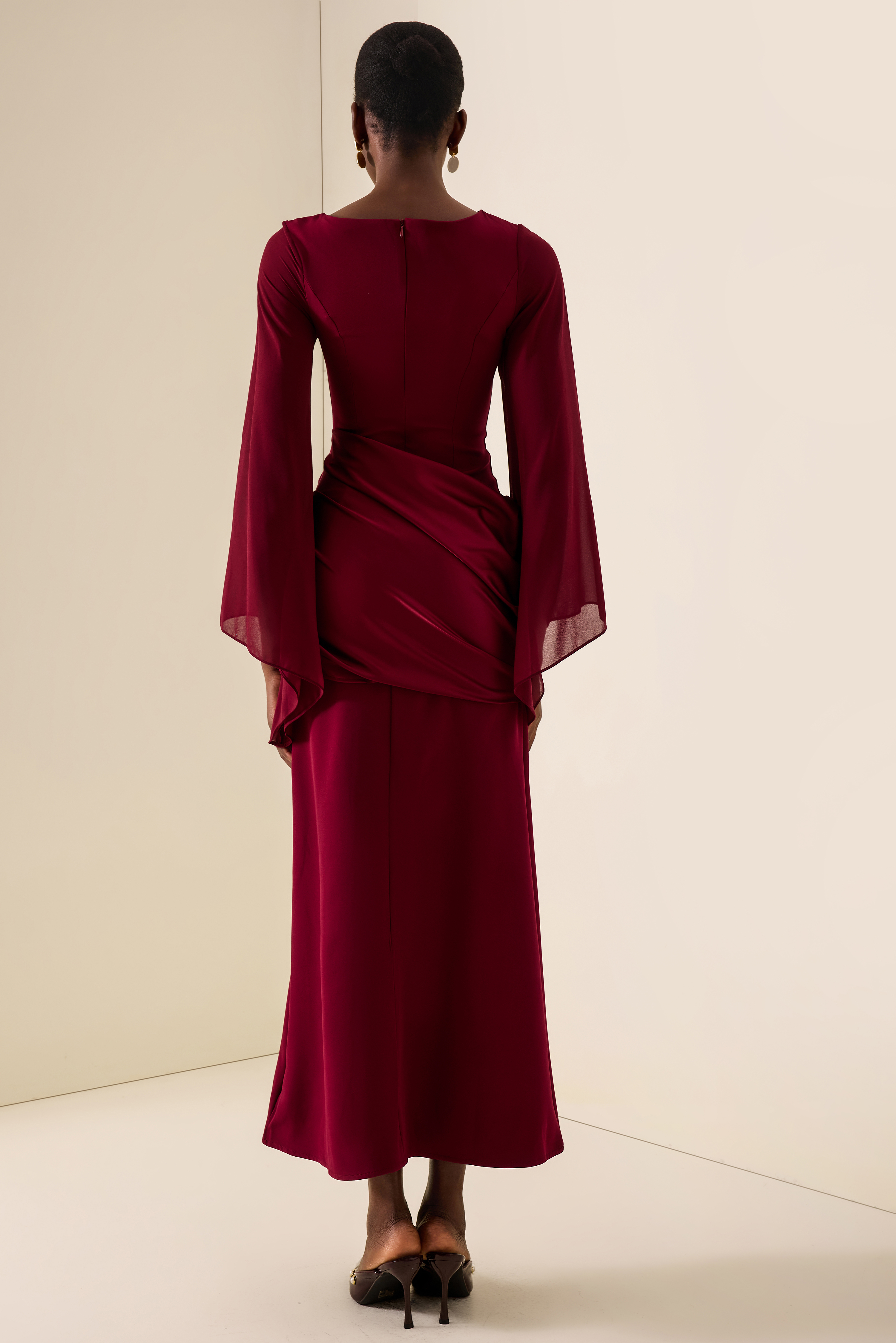 Waterfall Sleeves Pleated Maxi Dress