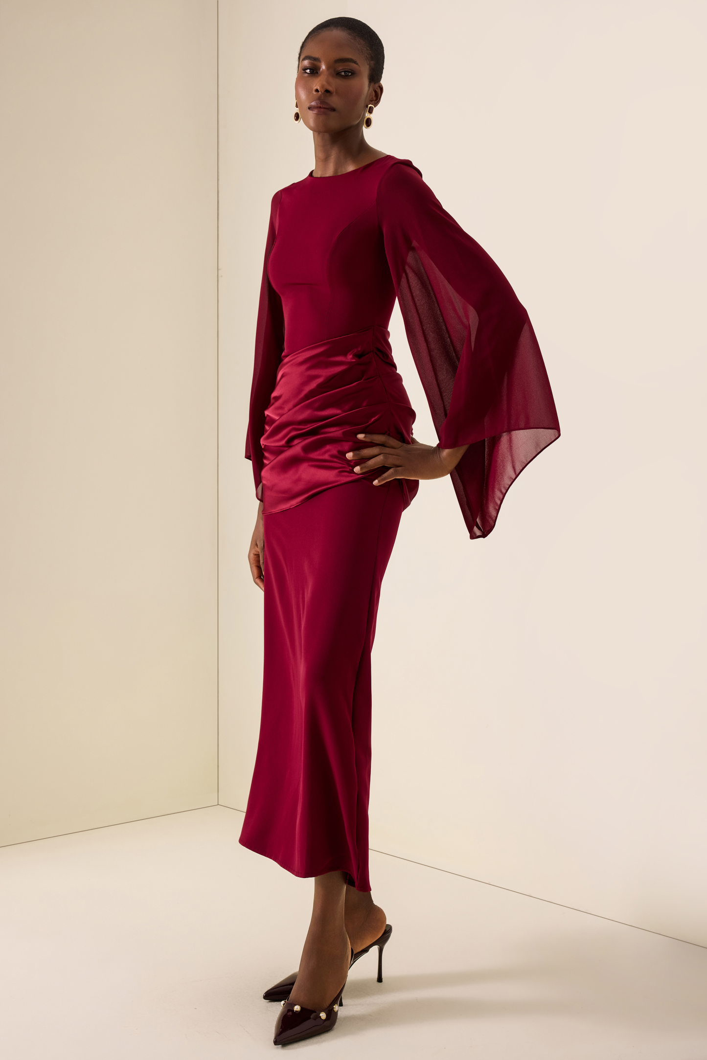 Waterfall Sleeves Pleated Maxi Dress