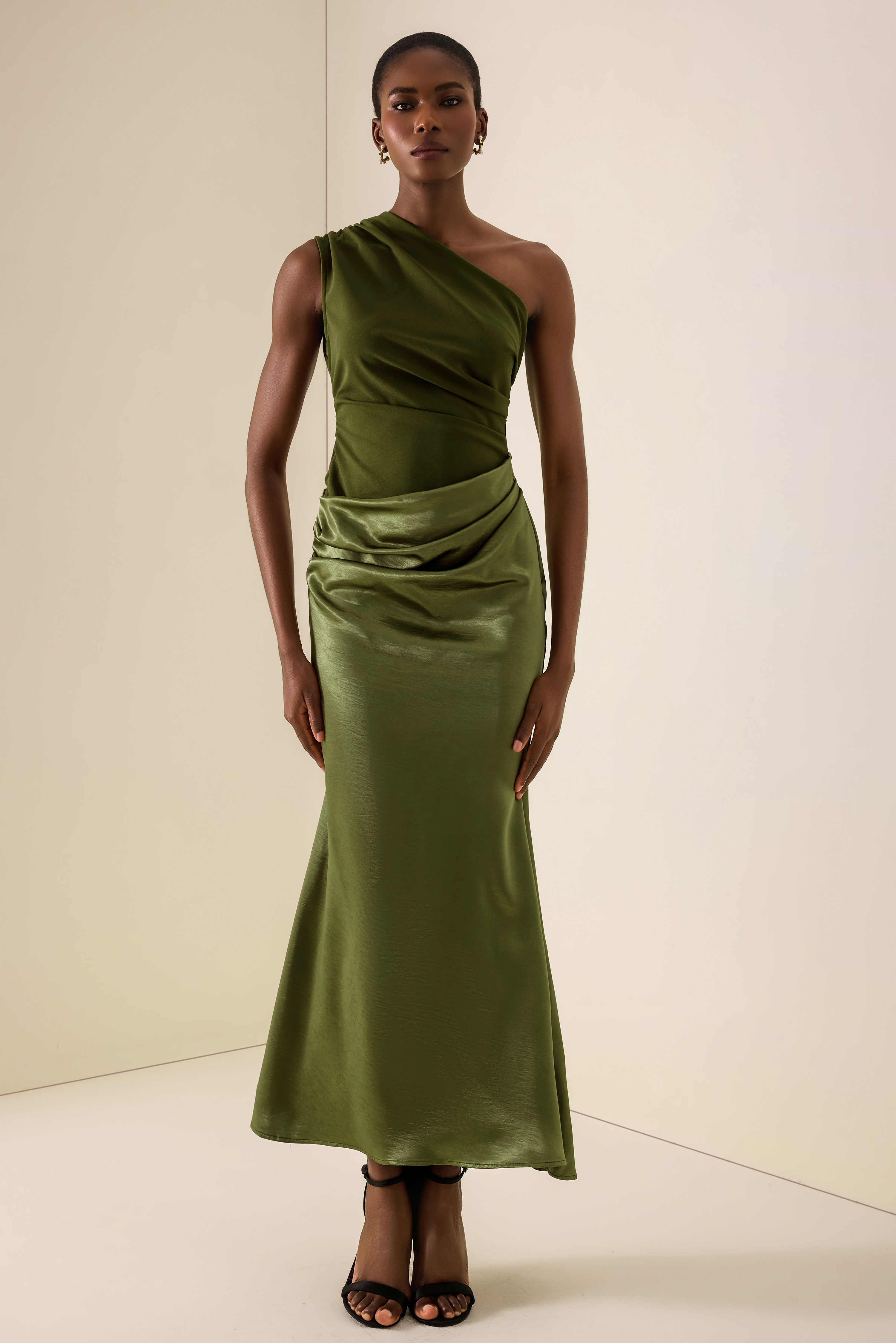 One Shoulder Pleat Maxi Dress