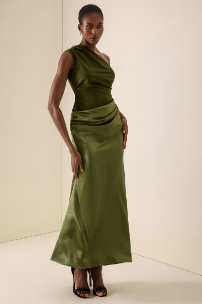 One Shoulder Pleat Maxi Dress