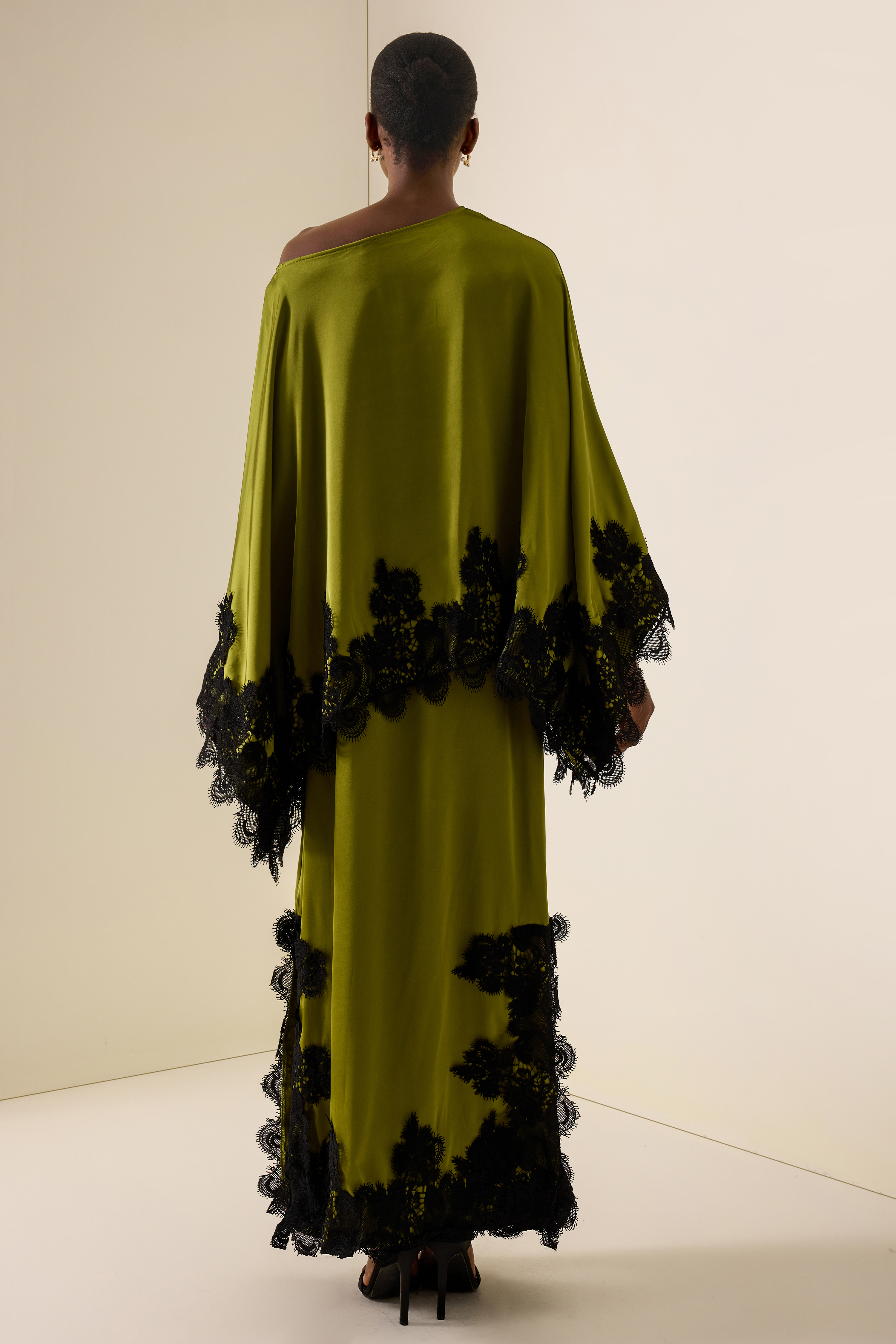 Lace Skew Collar Batwing Sleeve Top & Mid Waist Maxi Skirt Set