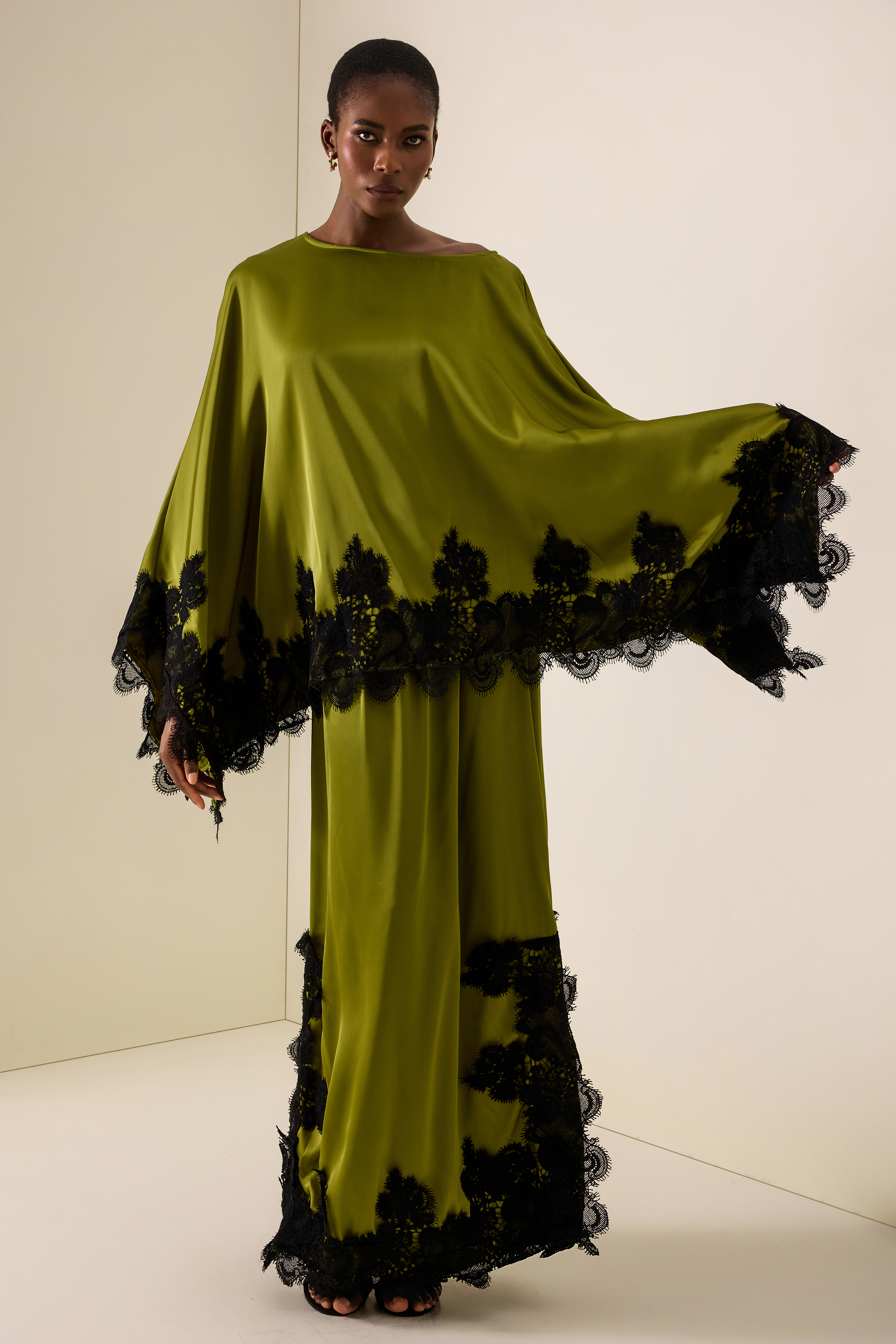 Lace Skew Collar Batwing Sleeve Top & Mid Waist Maxi Skirt Set