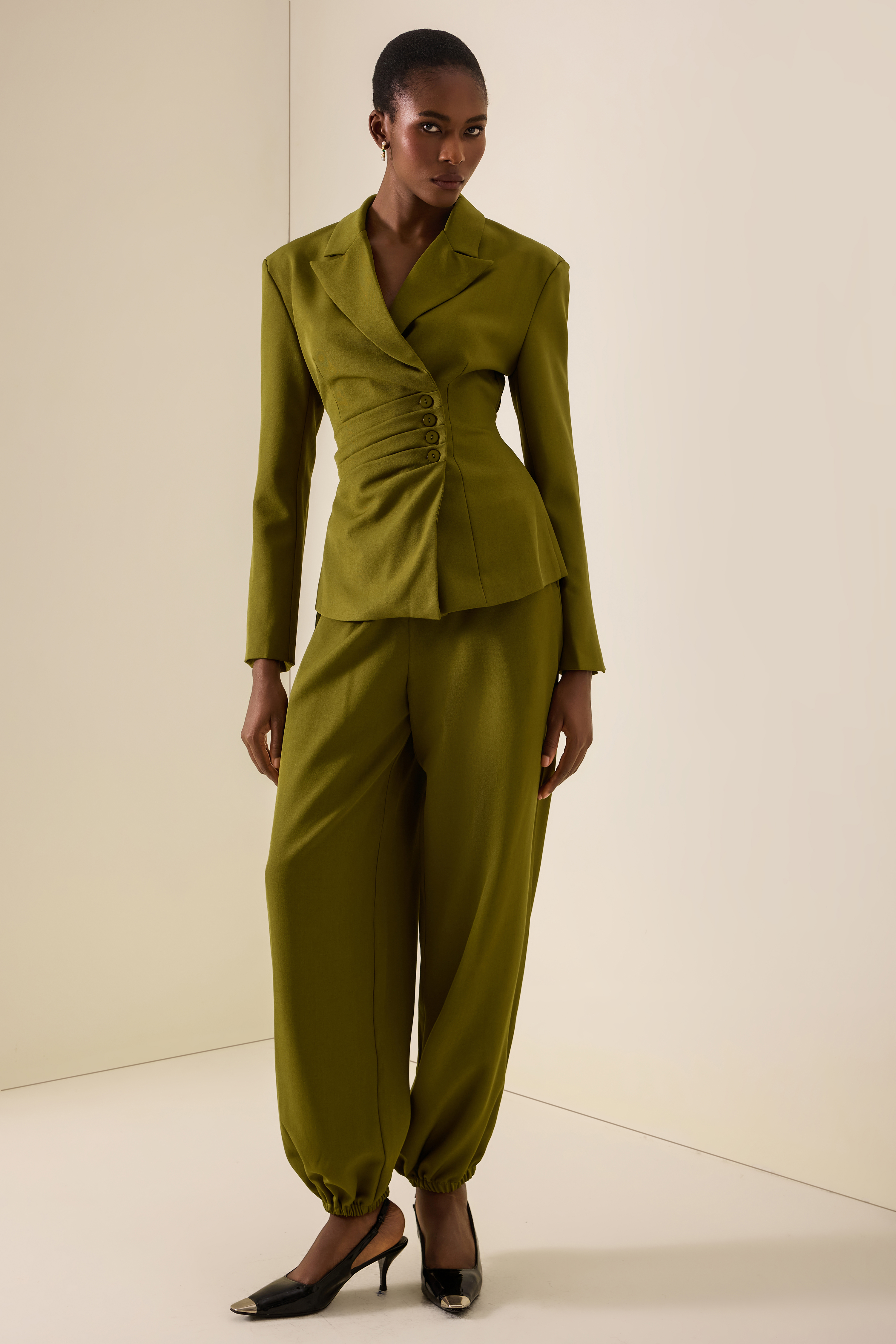 Ruched Button Blazer & High Waist Pants Set