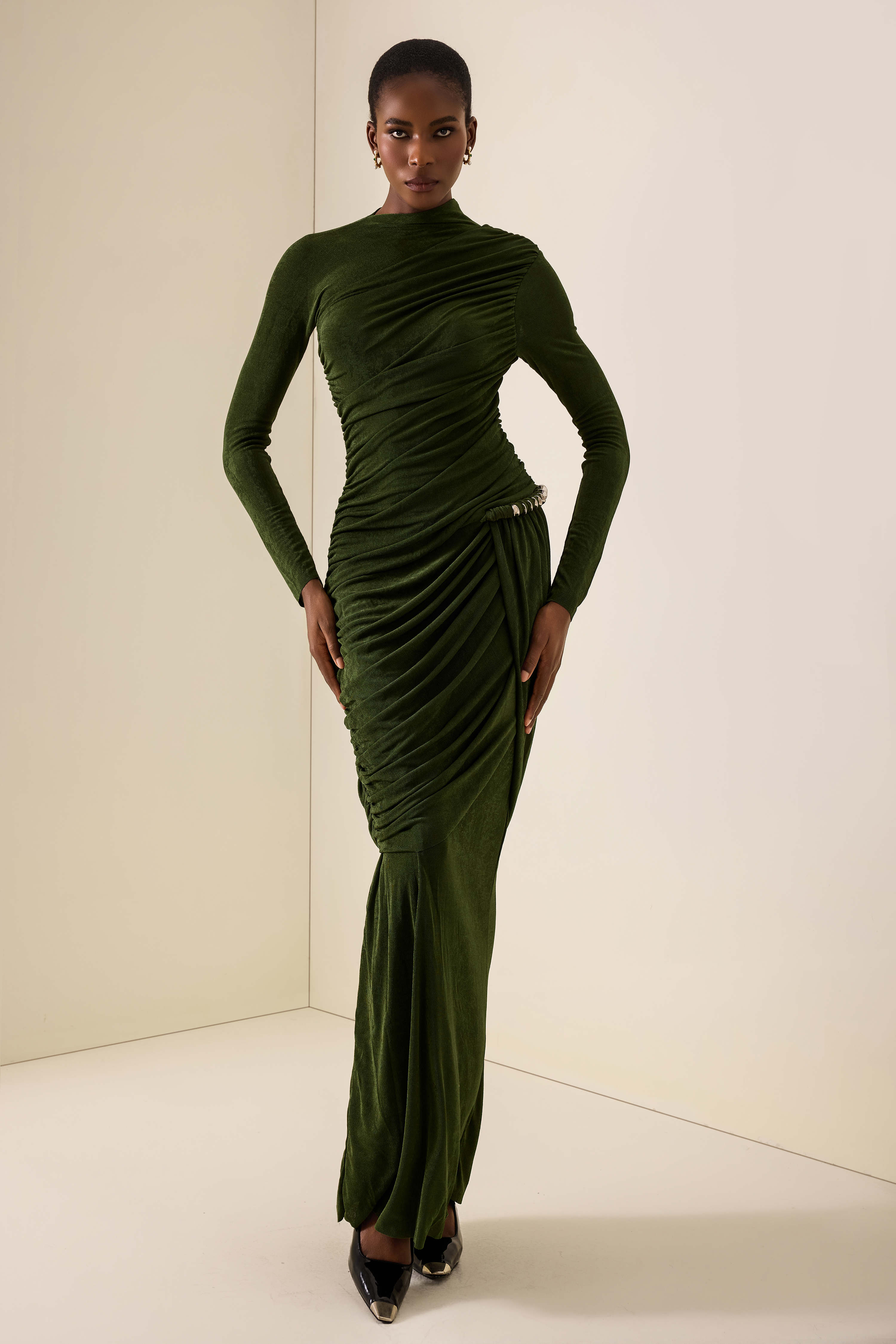 Metal Decorations High Neck Gathering Maxi Dress