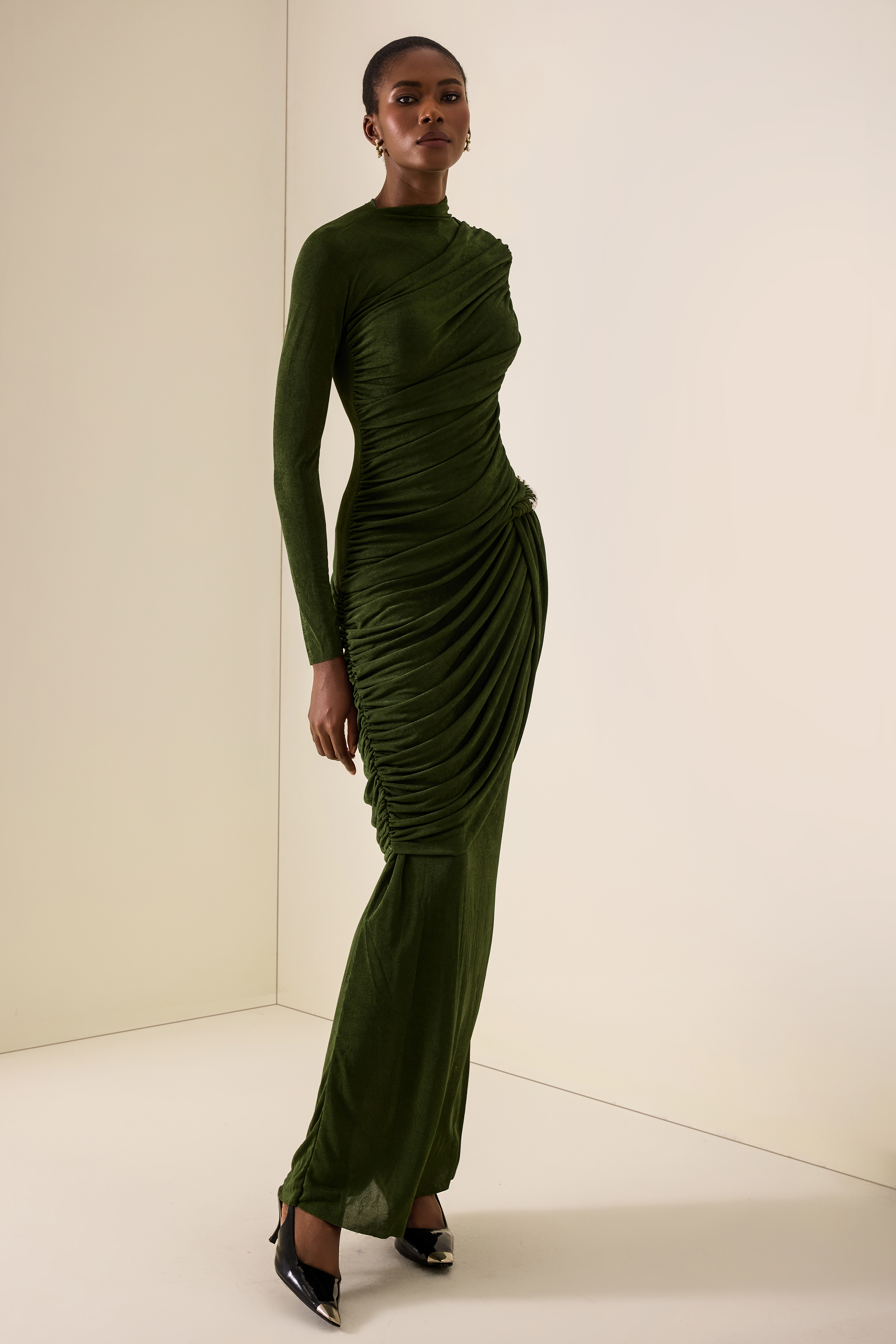 Metal Decorations High Neck Gathering Maxi Dress