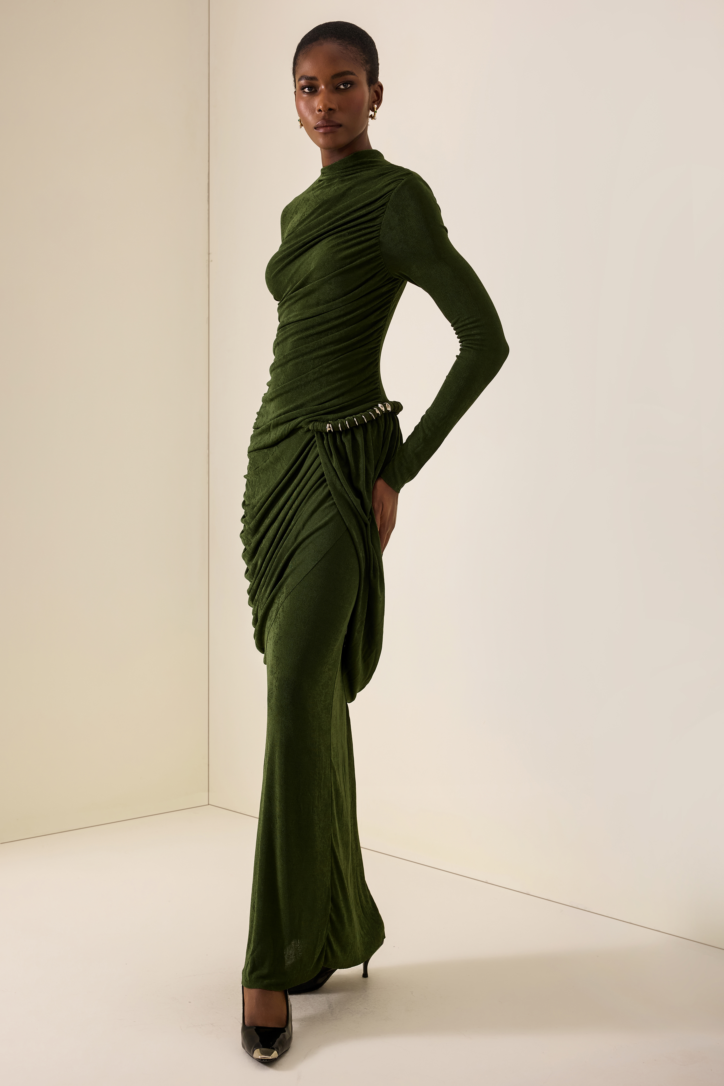 Metal Decorations High Neck Gathering Maxi Dress