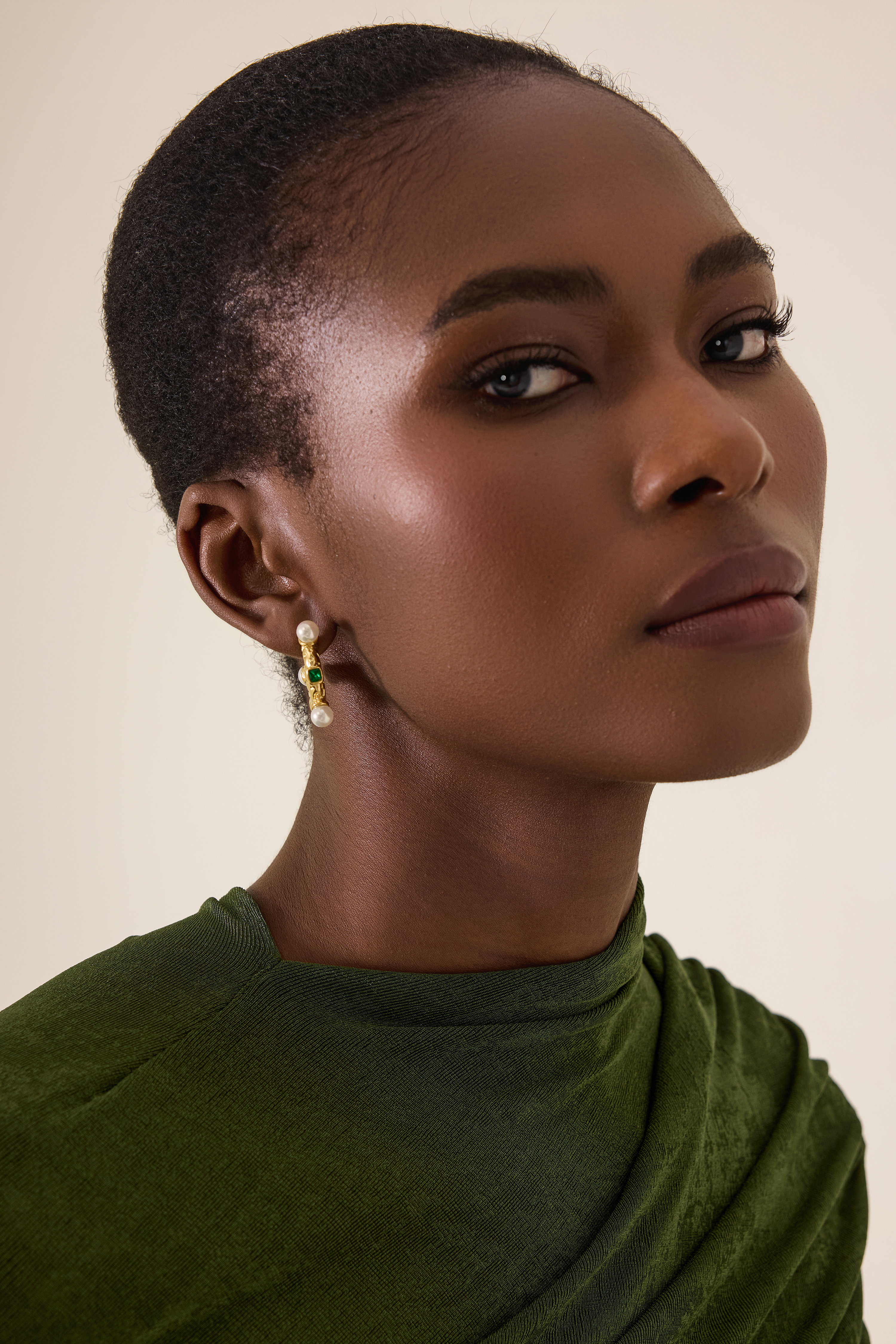 Gold Faux Pearl Textured Huggie Hoop Earrings