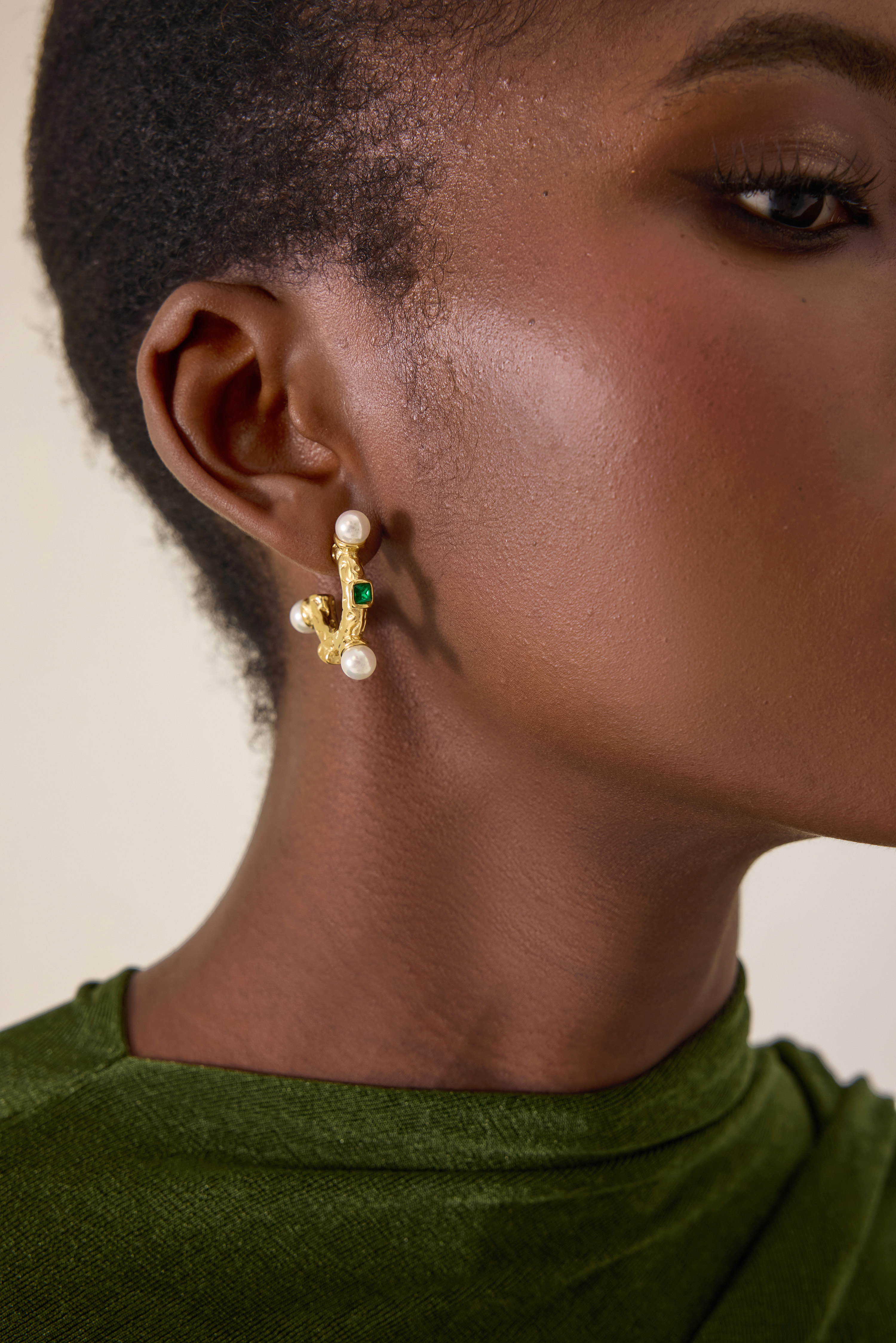 Gold Faux Pearl Textured Huggie Hoop Earrings