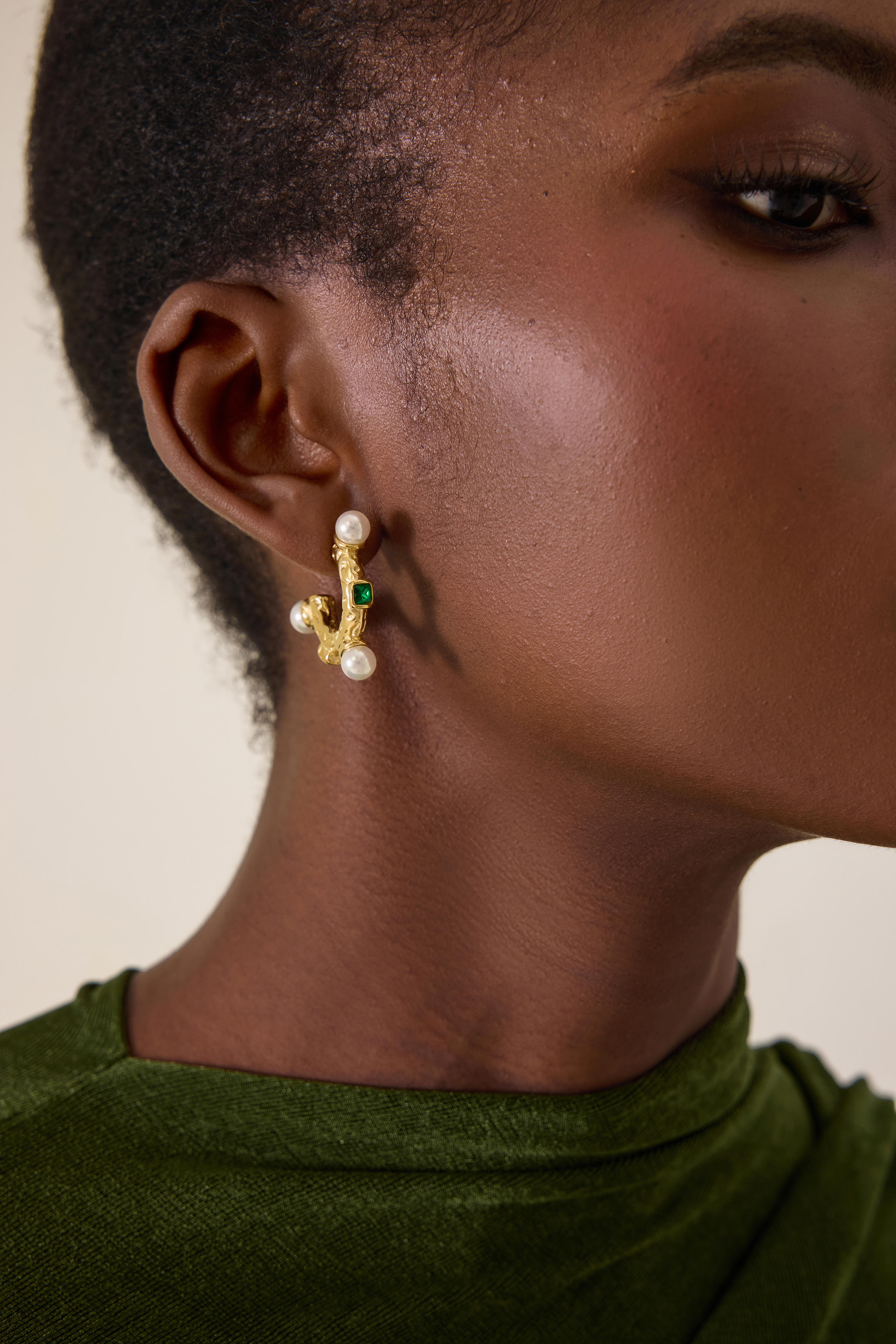 Gold Faux Pearl Textured Huggie Hoop Earrings