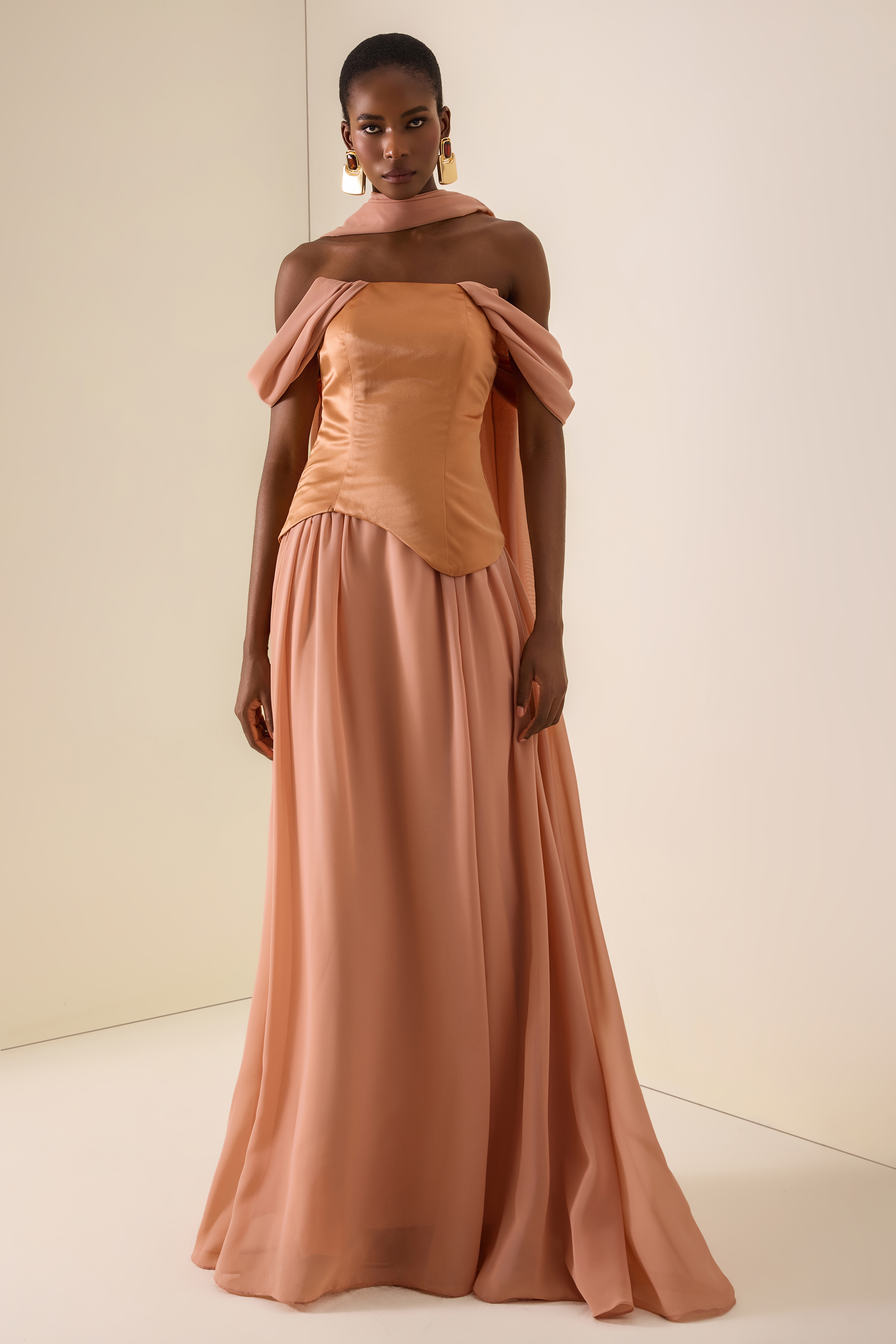 Ruched Off Shoulder Maxi Dress With Ribbon