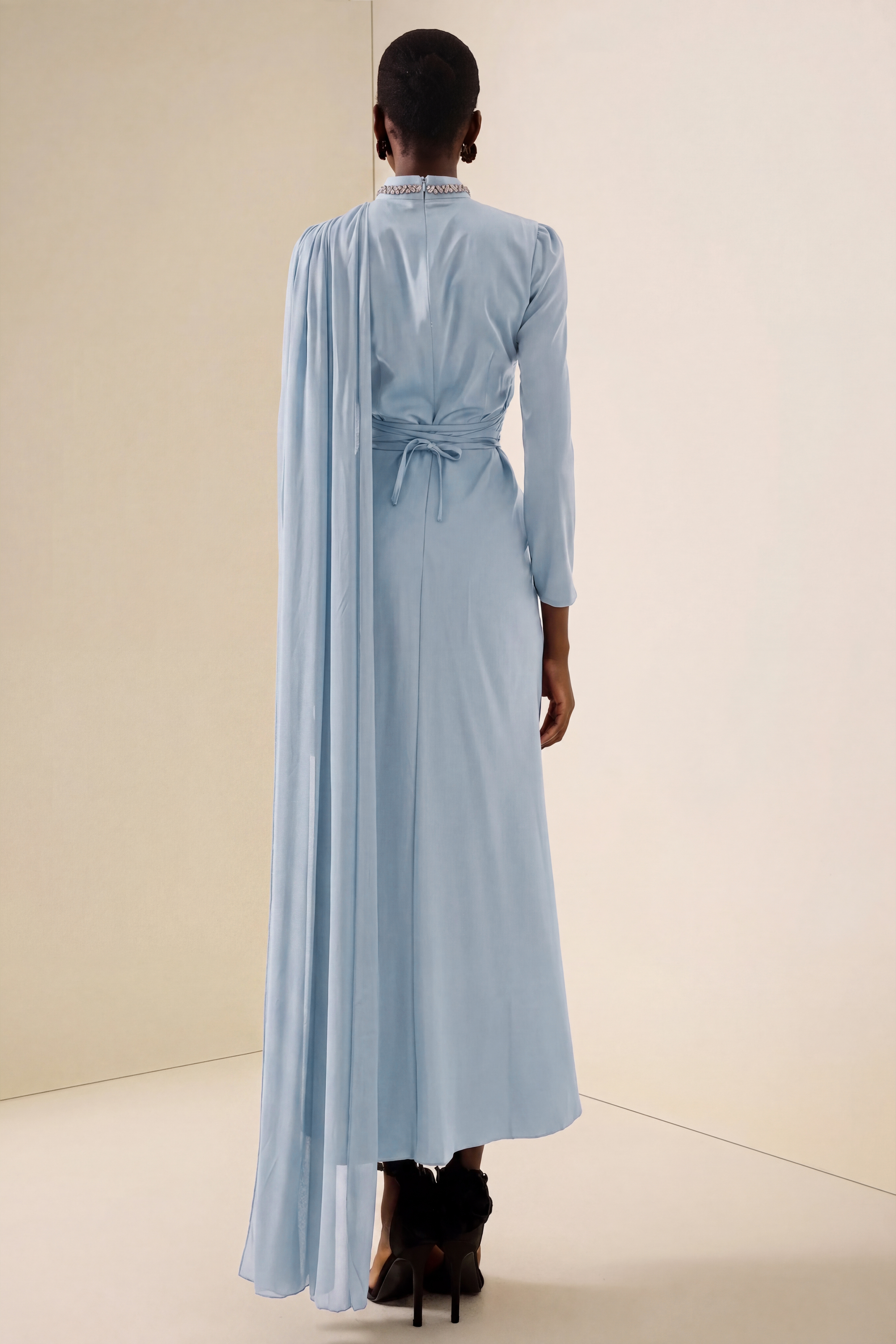 Rhinestone Rivets Satin Asymmetrical Midi Dress