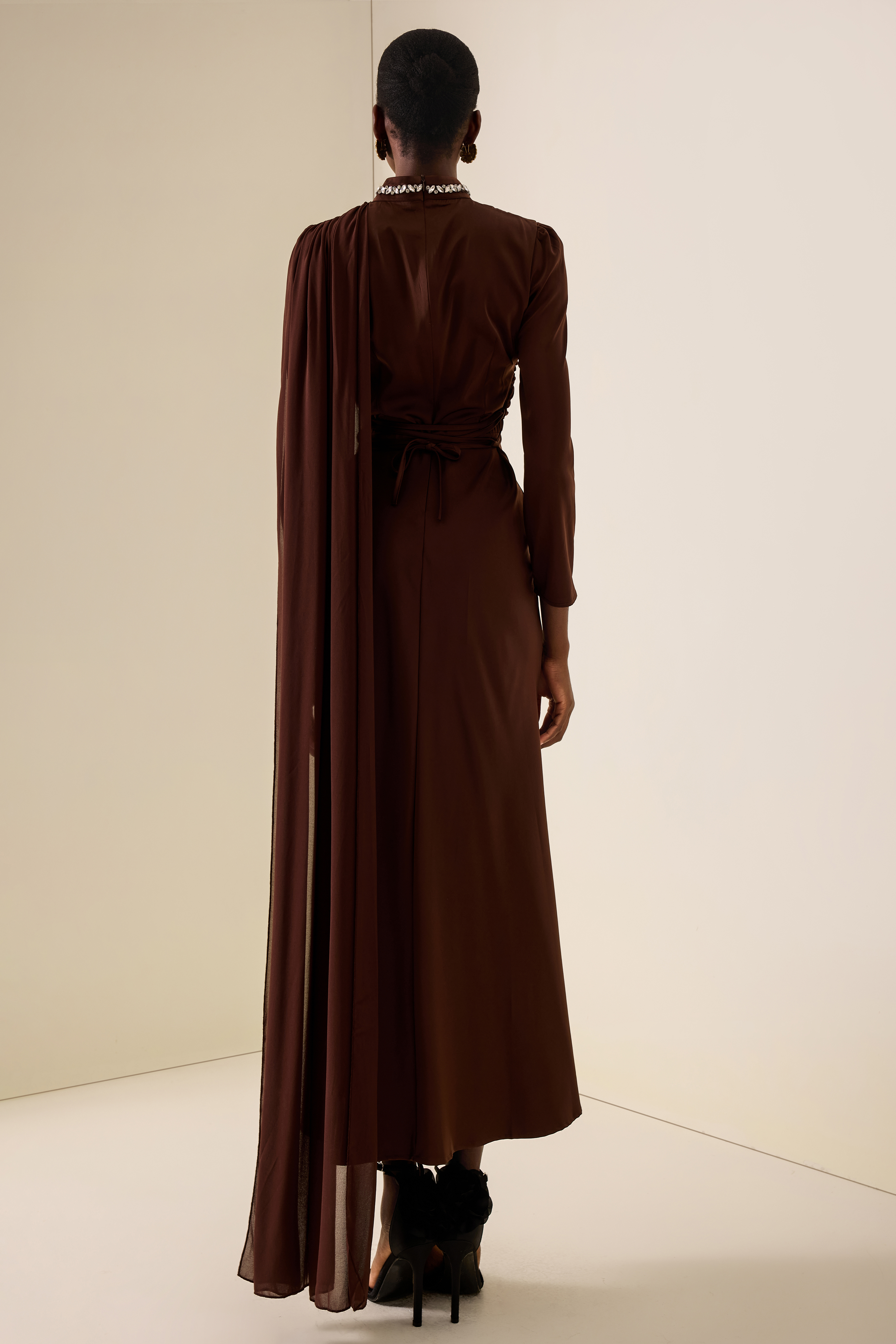 Rhinestone Rivets Satin Asymmetrical Midi Dress