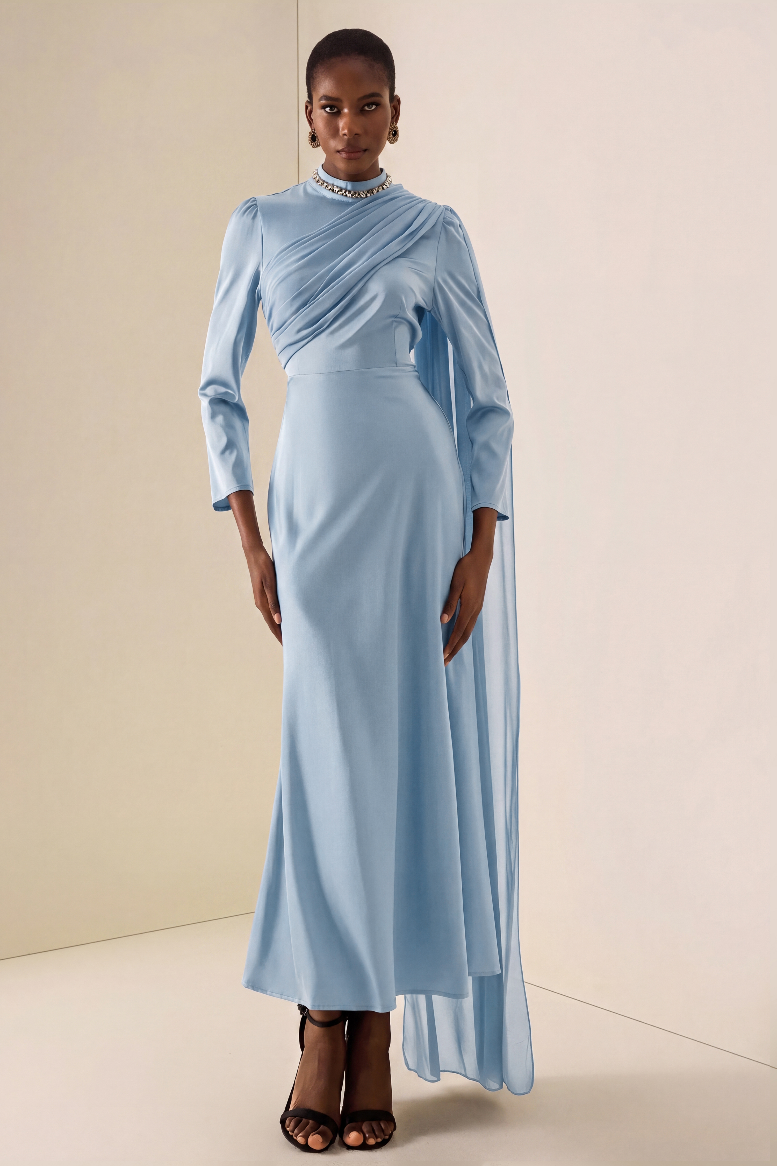 Rhinestone Rivets Satin Asymmetrical Midi Dress