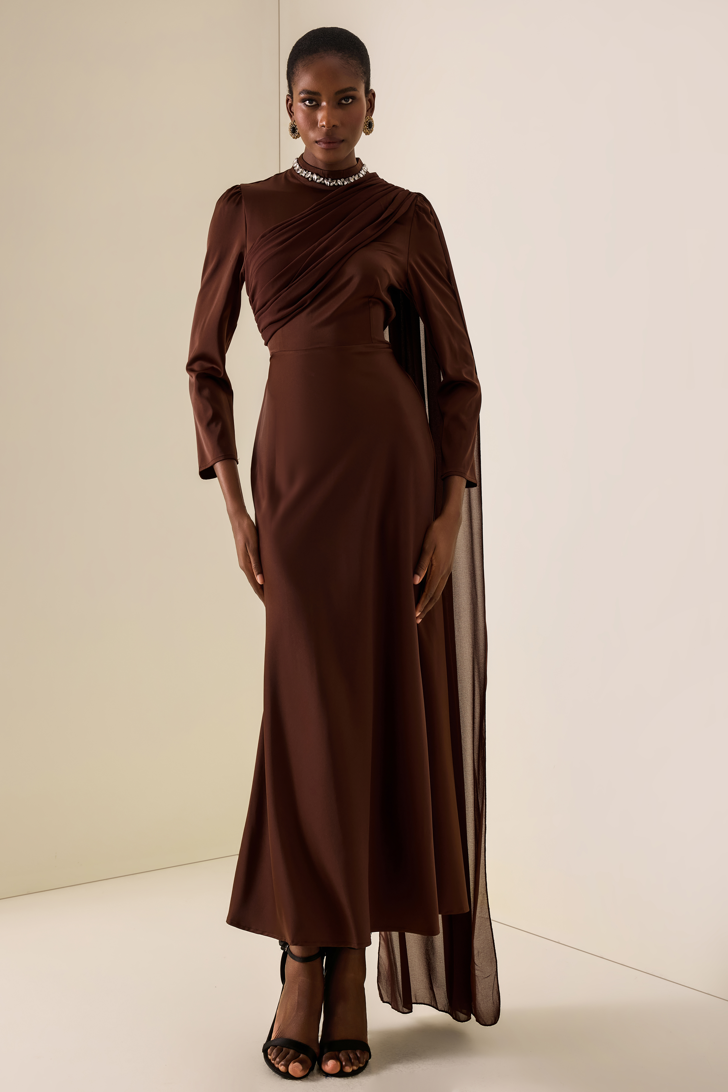 Rhinestone Rivets Satin Asymmetrical Midi Dress