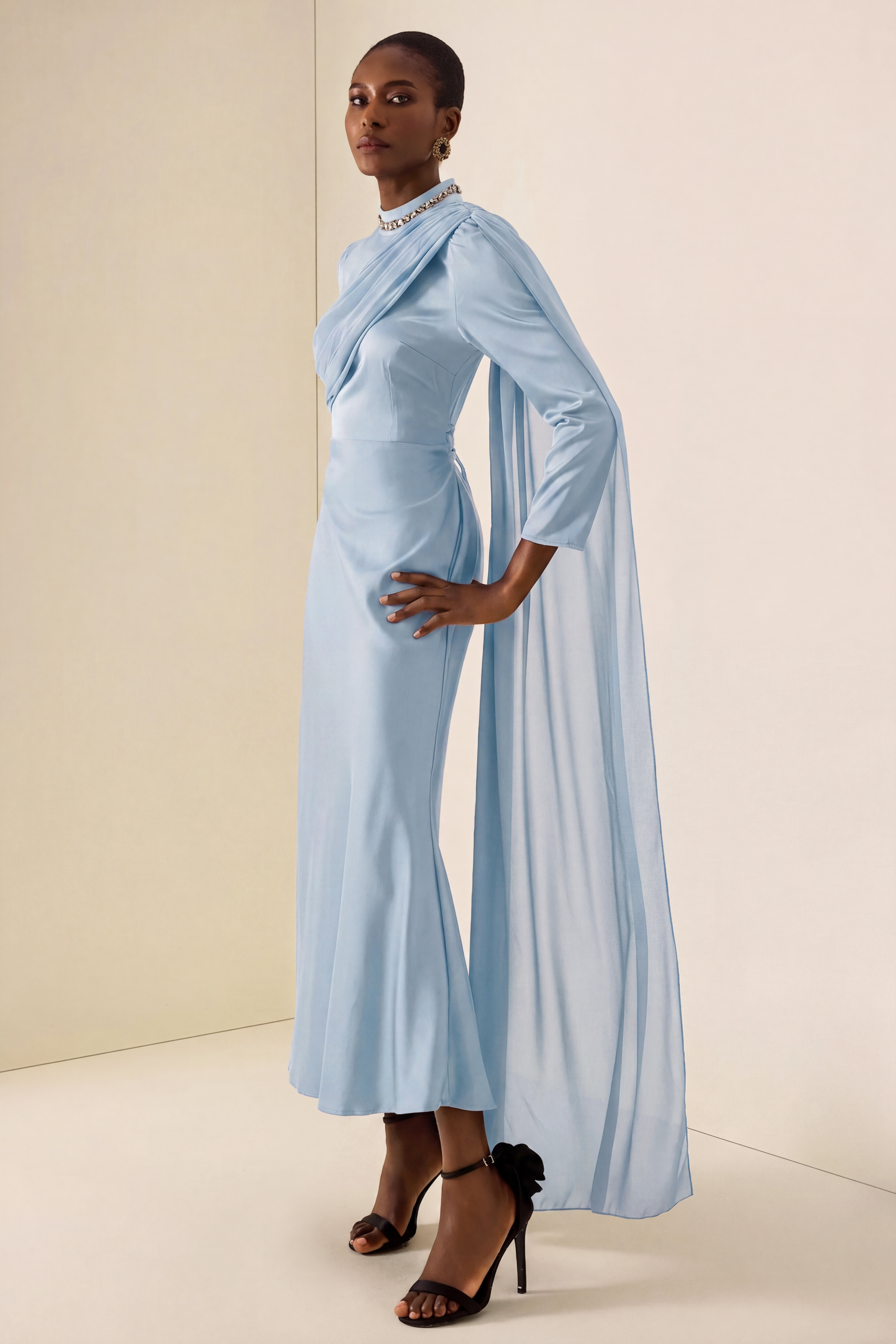 Rhinestone Rivets Satin Asymmetrical Midi Dress