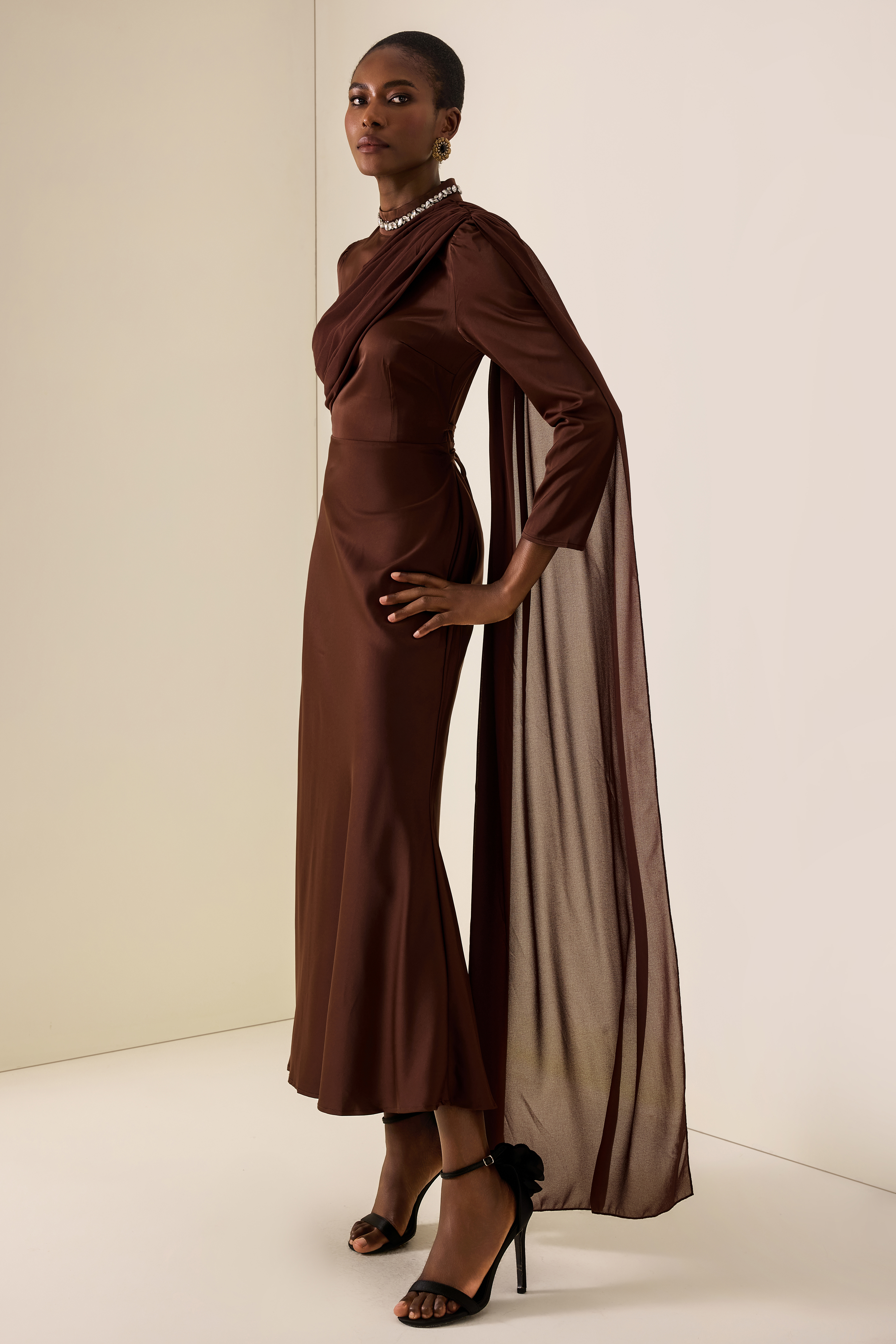 Rhinestone Rivets Satin Asymmetrical Midi Dress