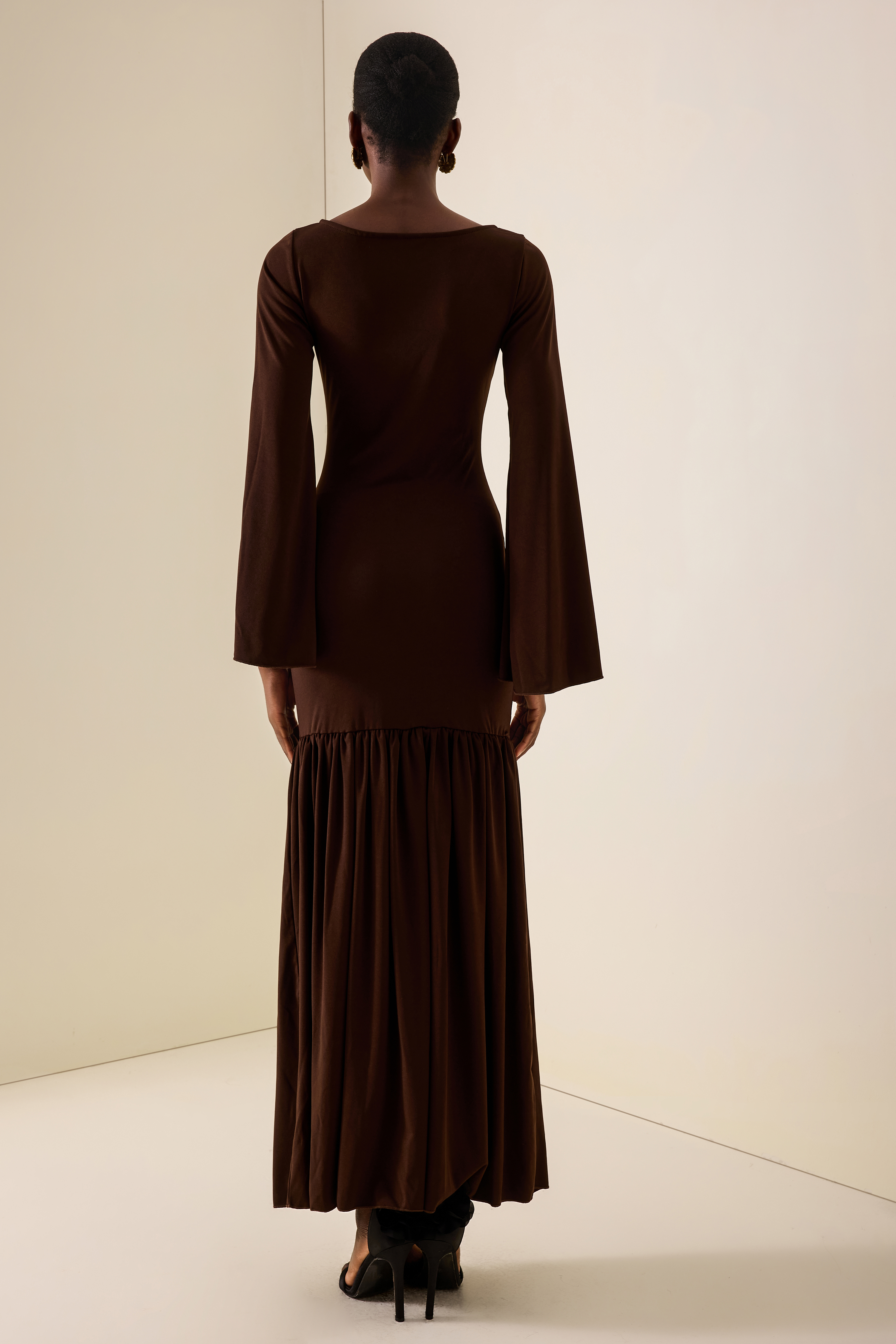 V-Neck Bell Sleeve Gathering Maxi Dress