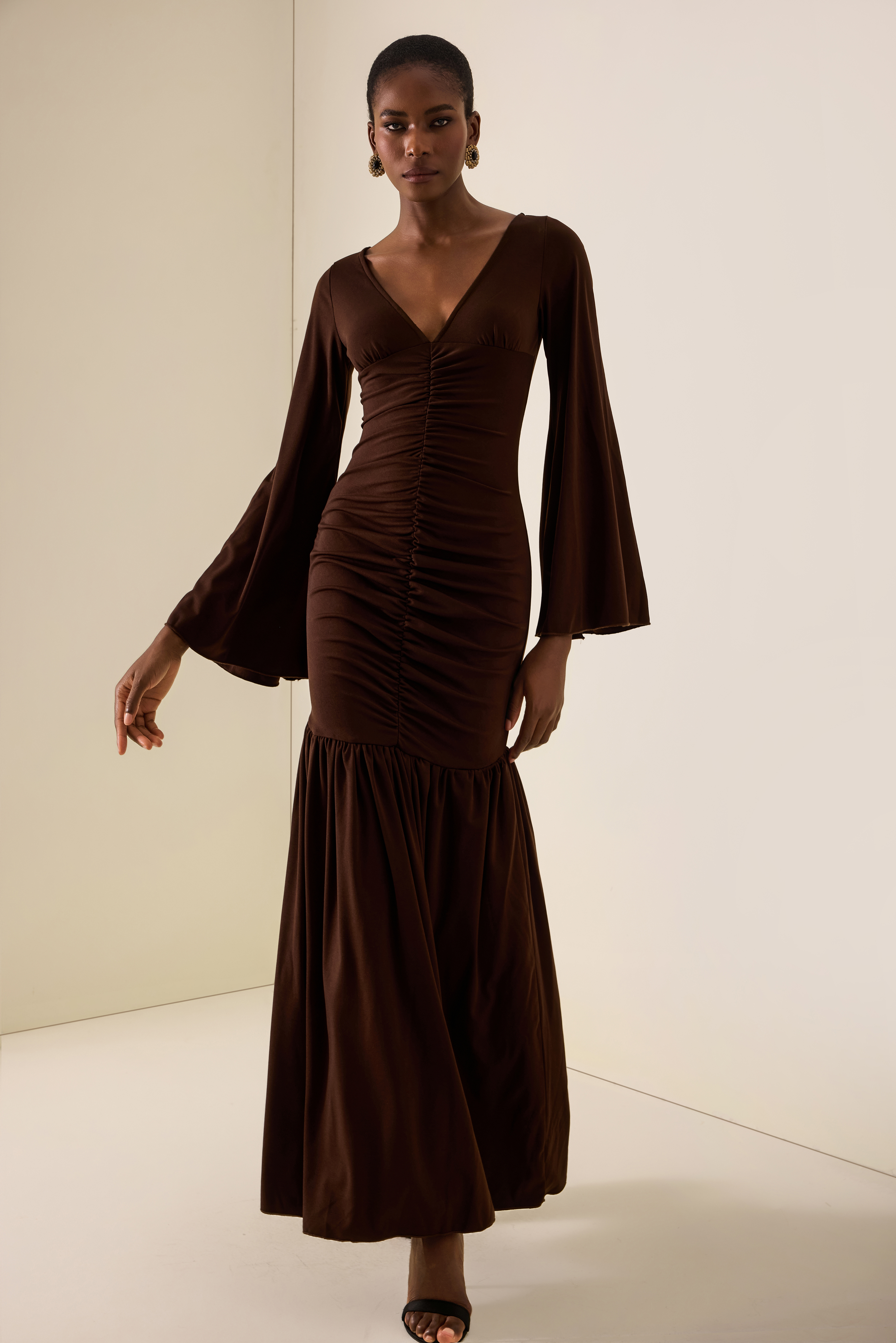 V-Neck Bell Sleeve Gathering Maxi Dress