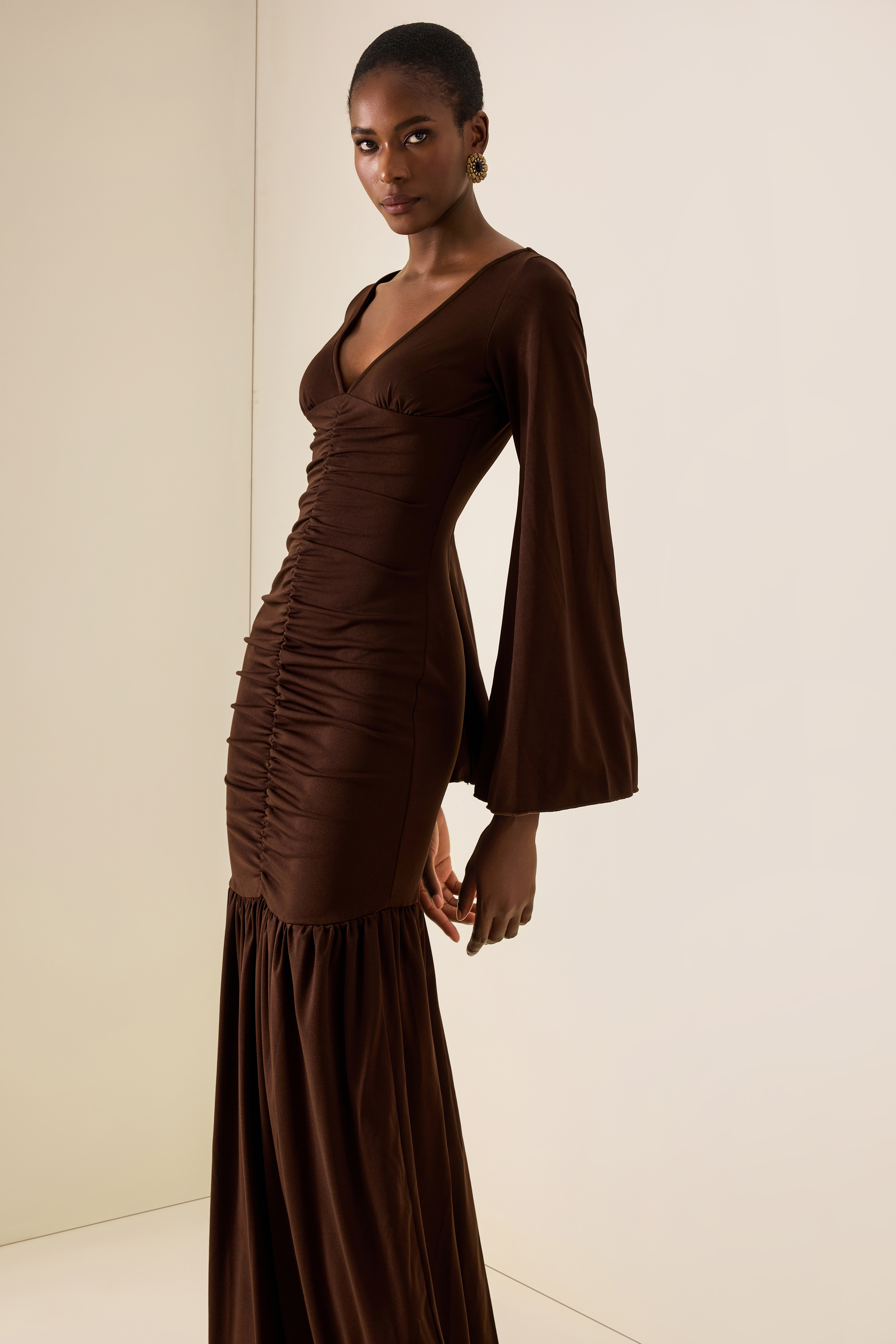 V-Neck Bell Sleeve Gathering Maxi Dress