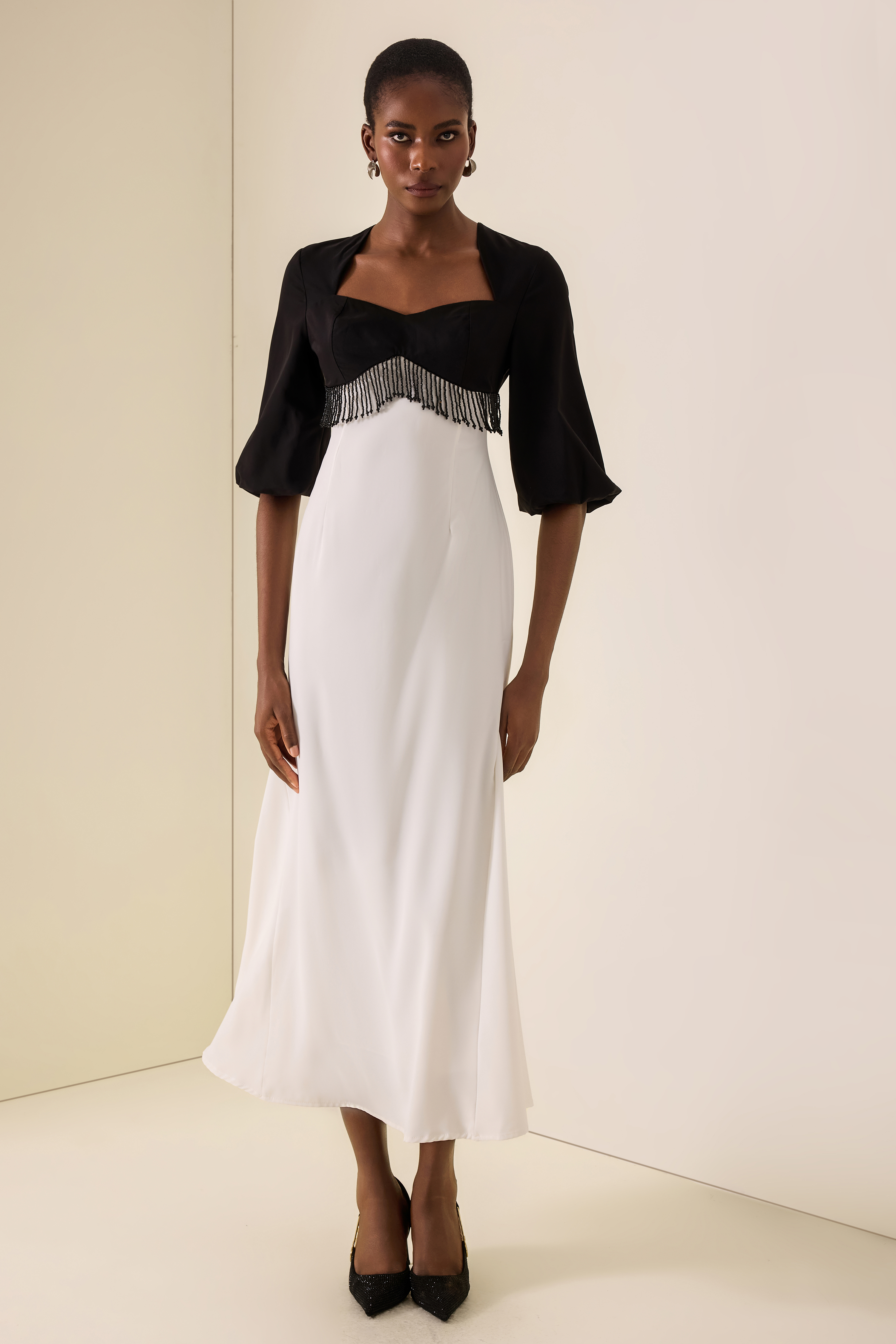 Sweetheart Neck Contrast Color Beaded Maxi Dress