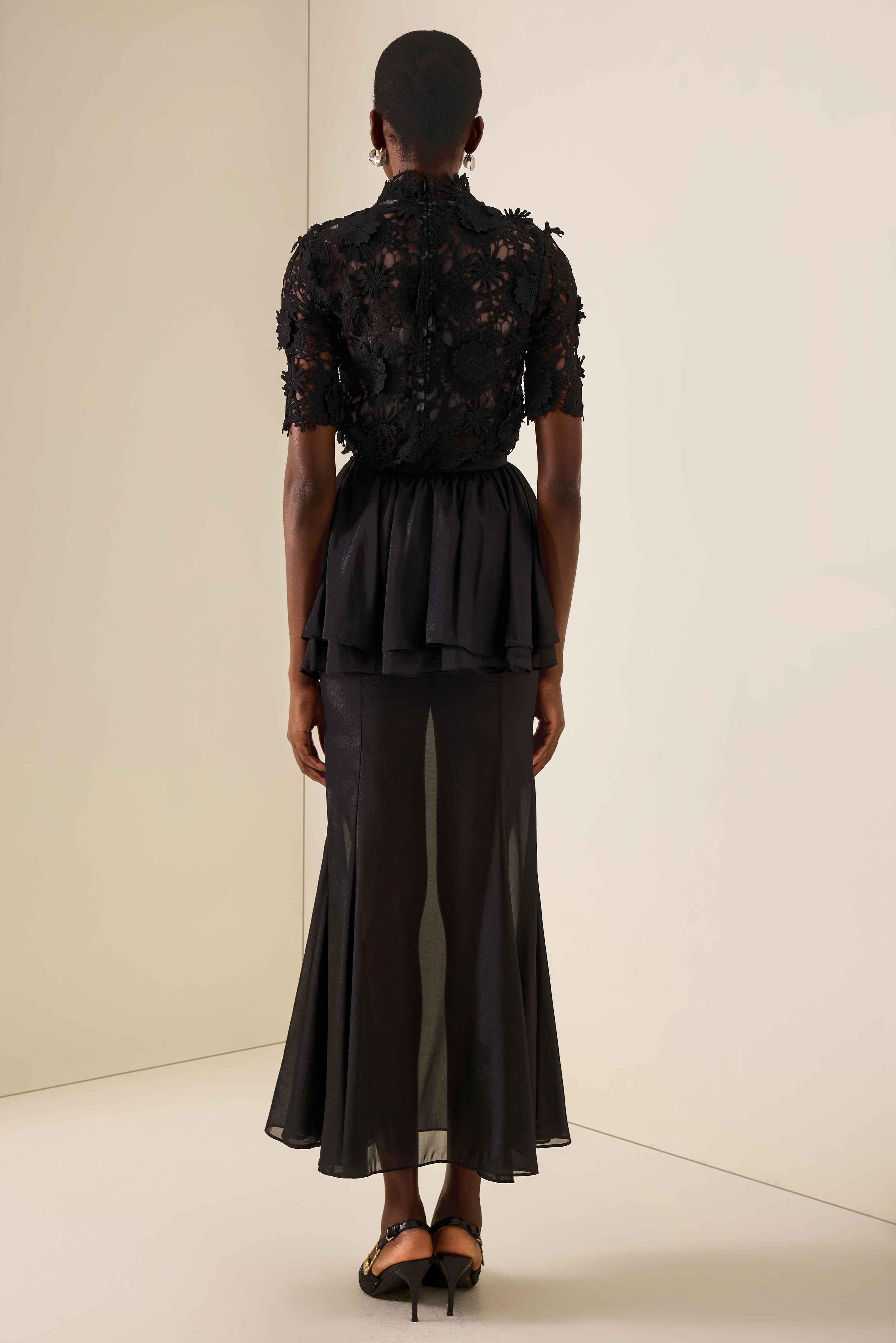 Lace Embroidered Top & Mid Waist Organza Maxi Skirt Set