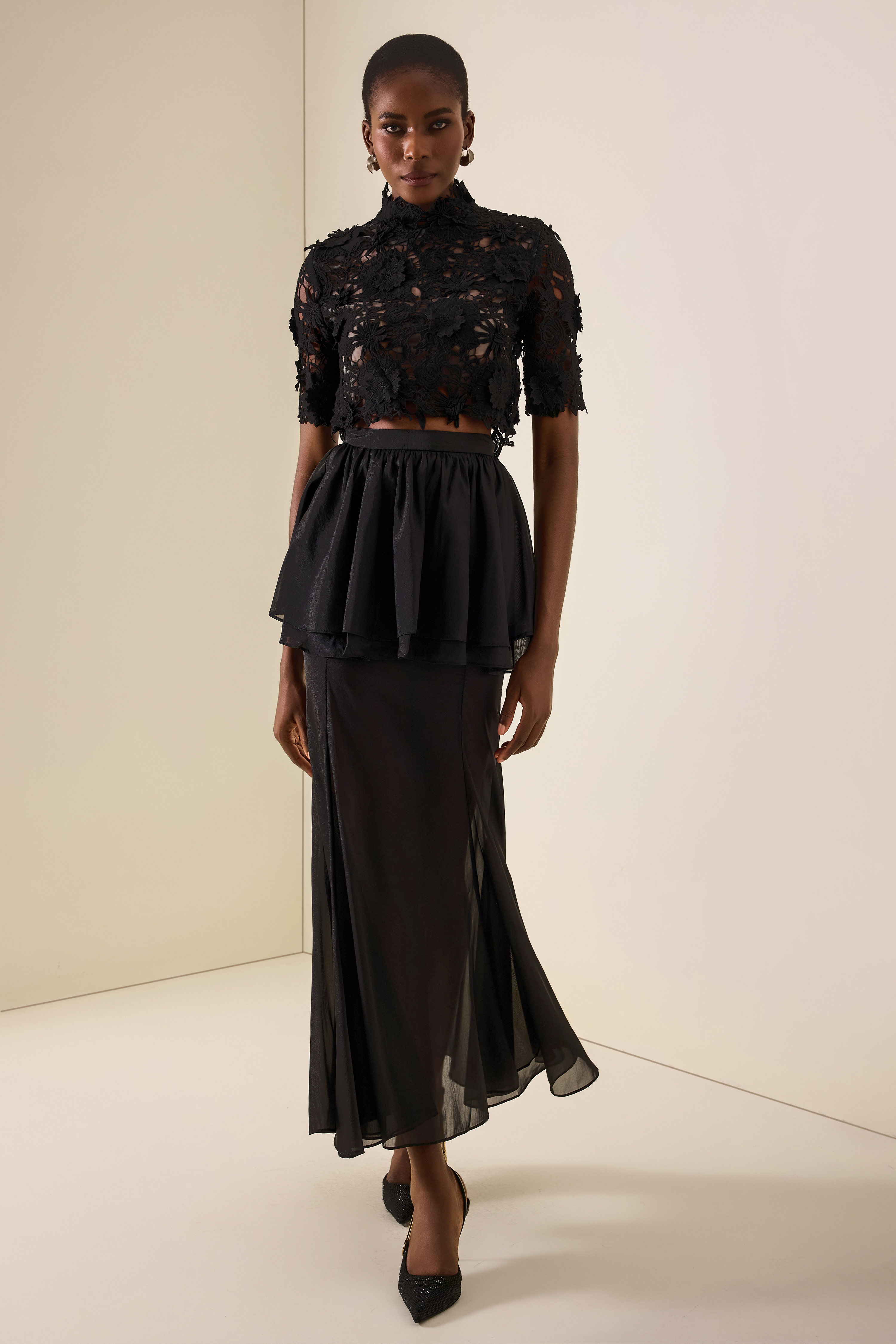 Lace Embroidered Top & Mid Waist Organza Maxi Skirt Set