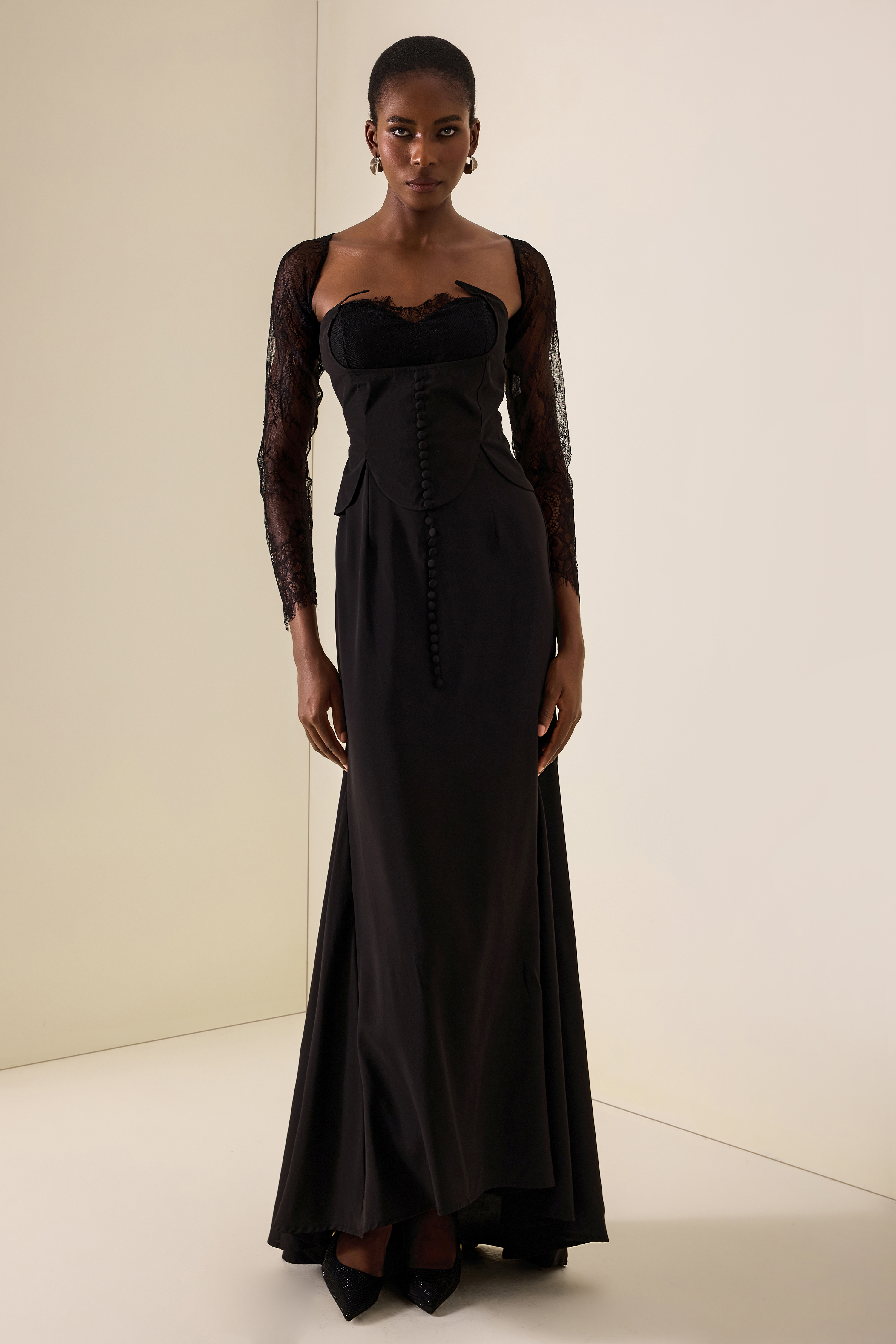 Lace Button With Capelet Midi Dress