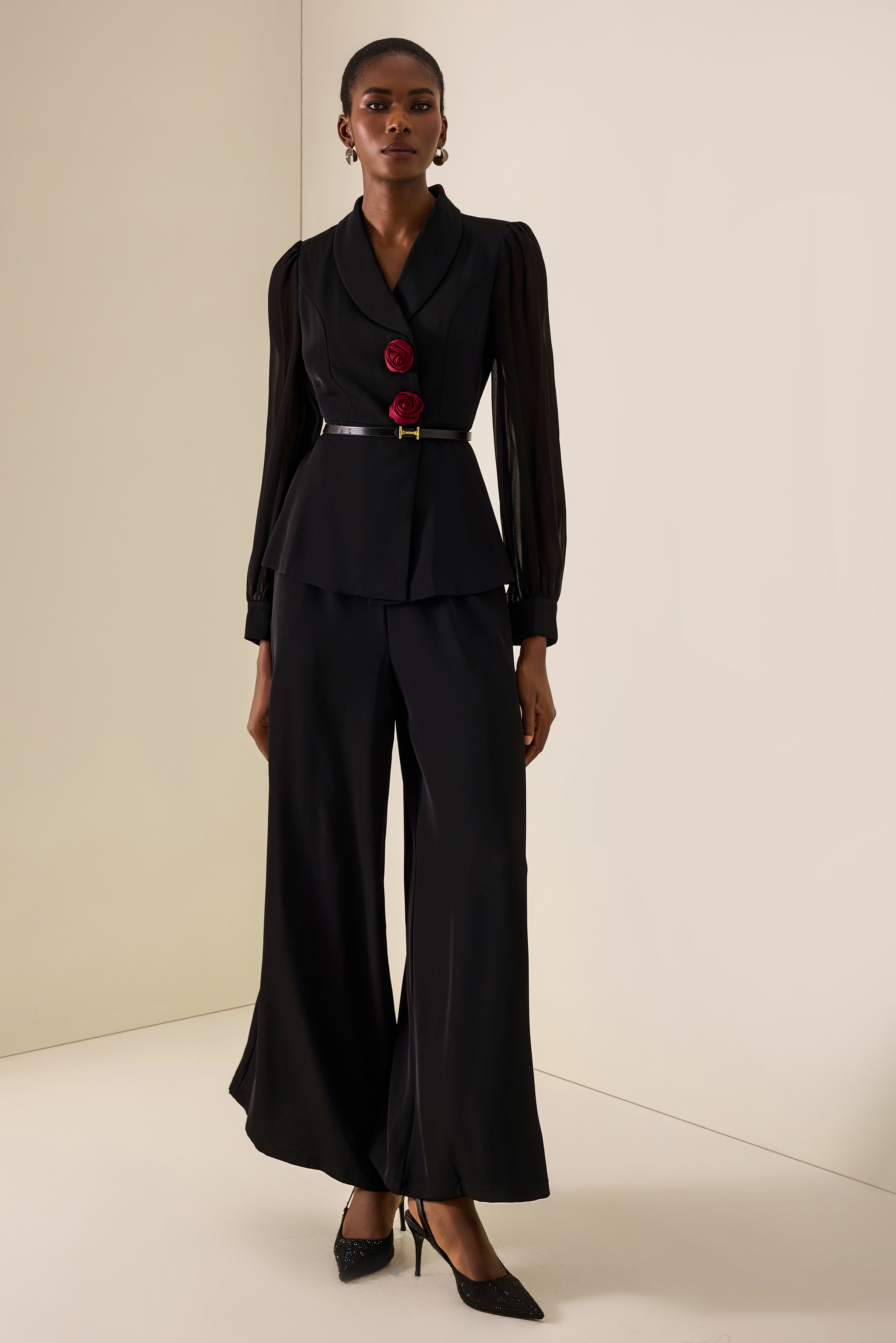3D Flower Lantern Sleeve Blazer & High Waist Pants Set