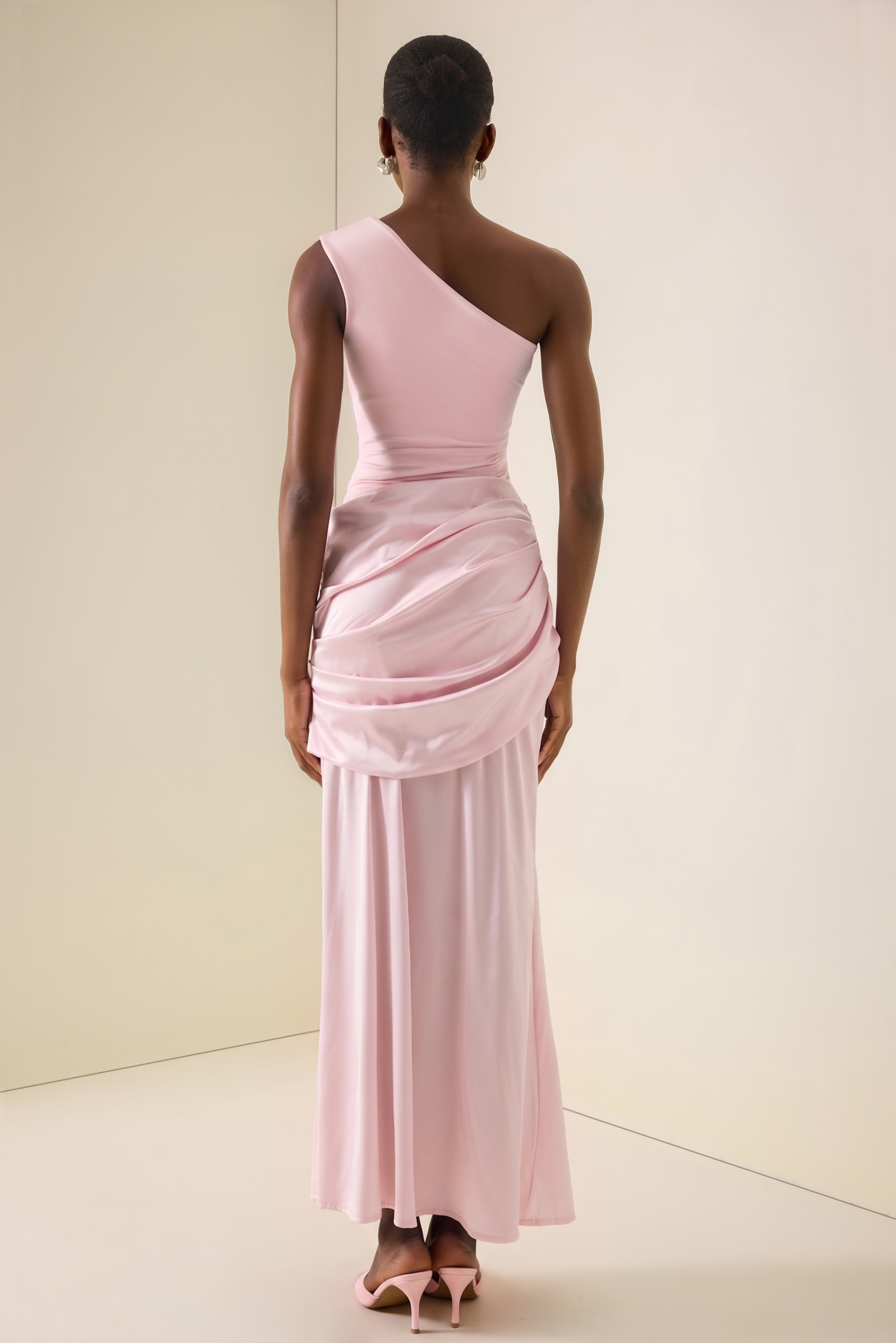 Satin Ruched One Shoulder Maxi Dress