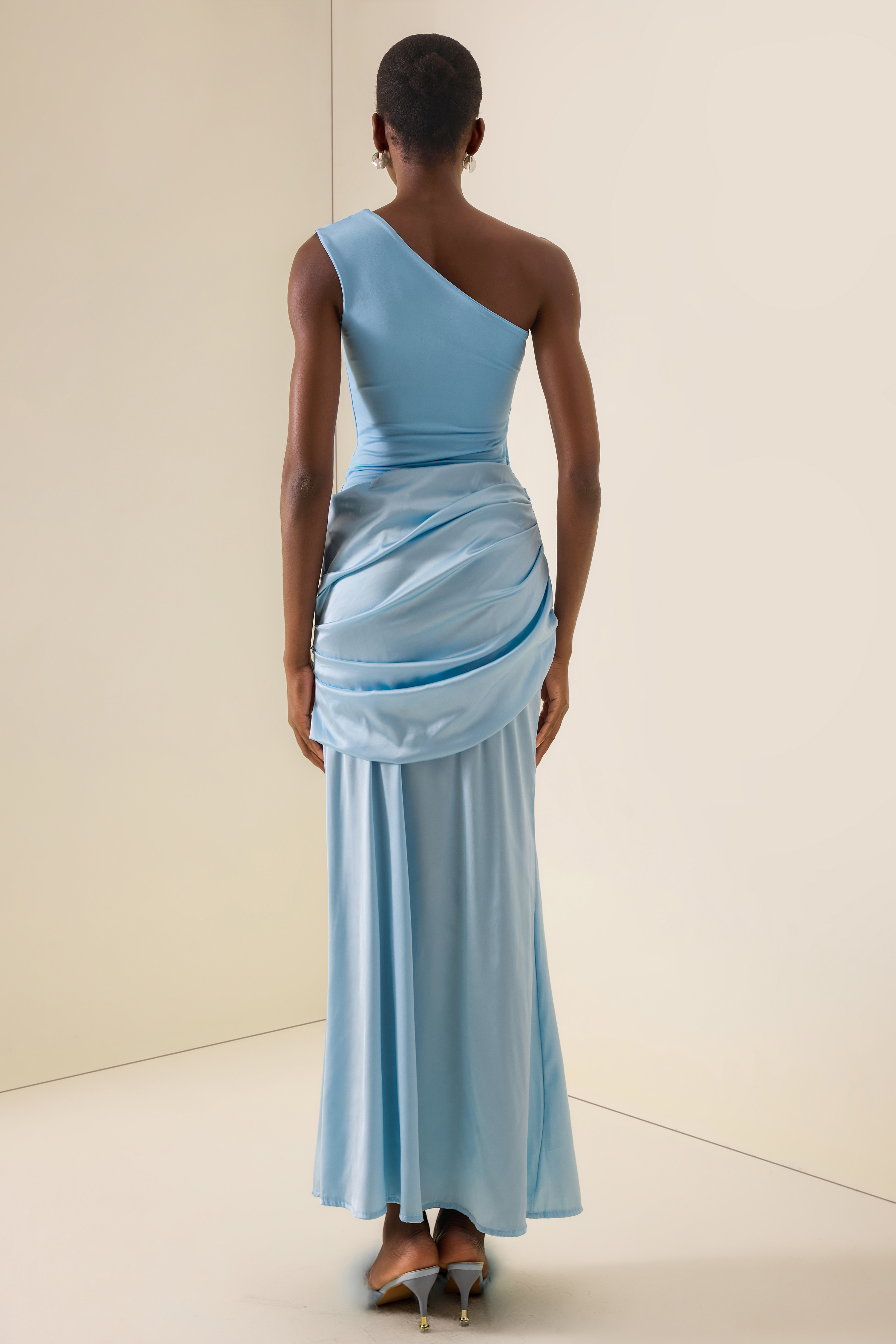 Satin Ruched One Shoulder Maxi Dress