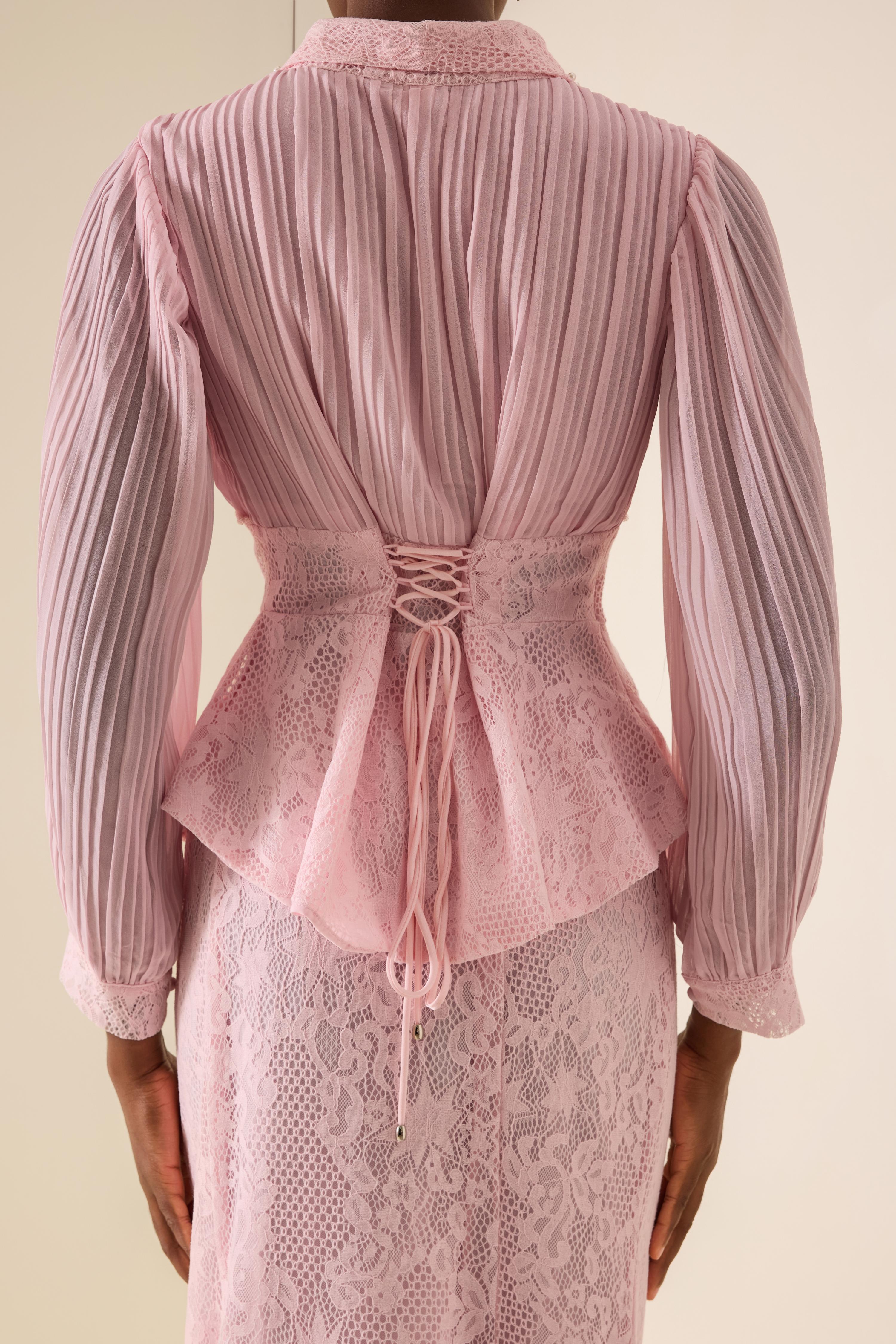 Pleated Rivet Top & High Waist Midi Skirt Set