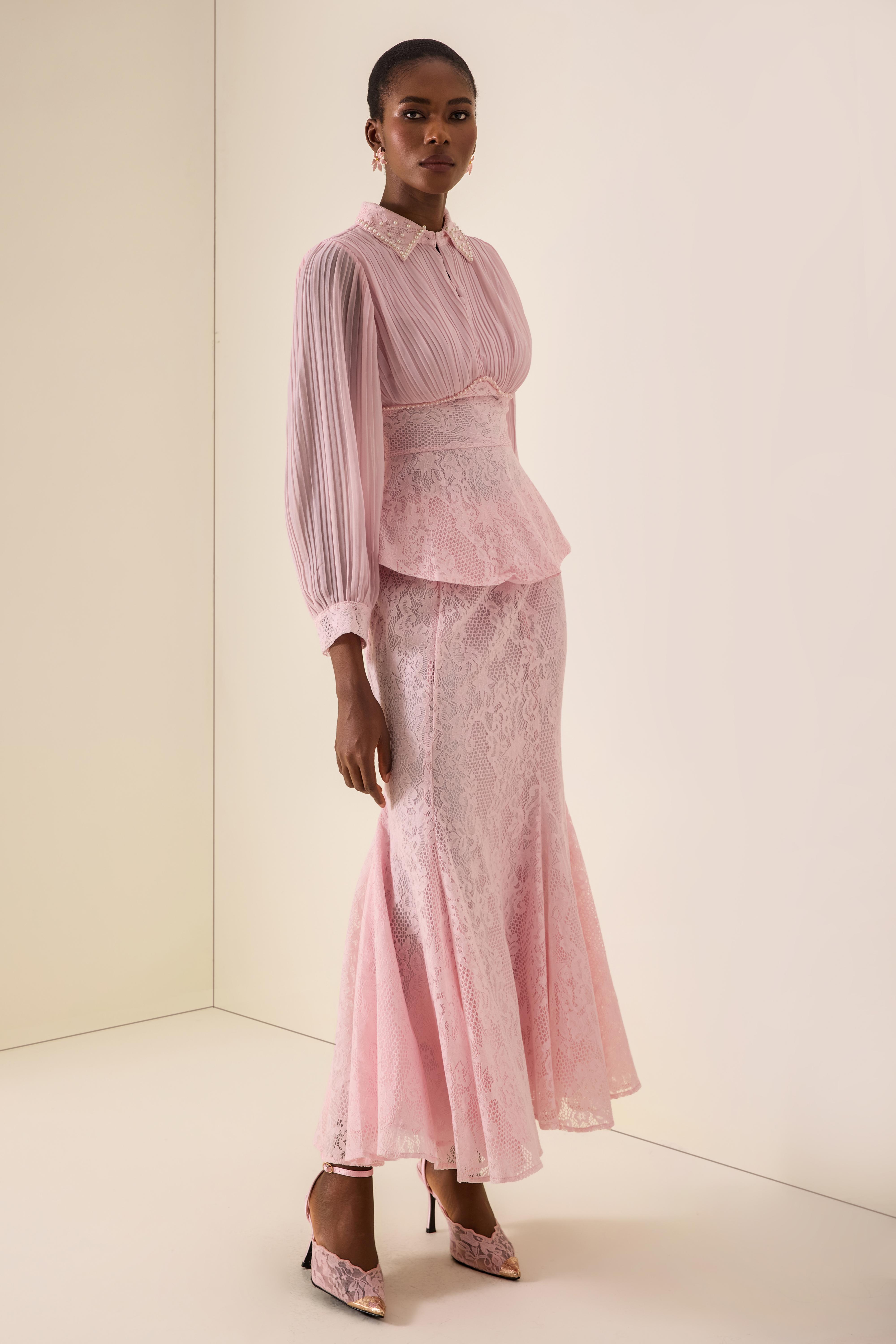 Pleated Rivet Top & High Waist Midi Skirt Set