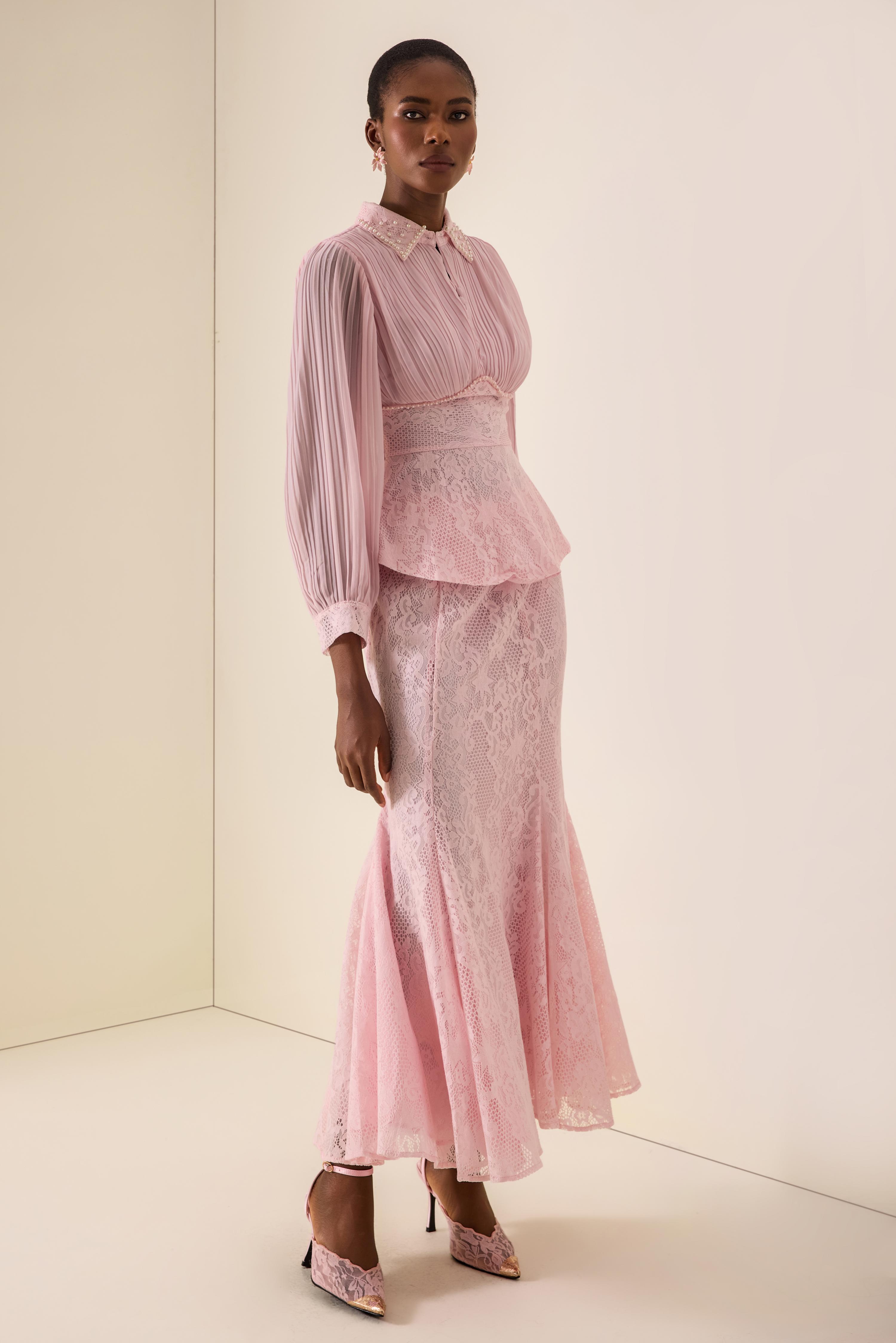 Pleated Rivet Top & High Waist Midi Skirt Set