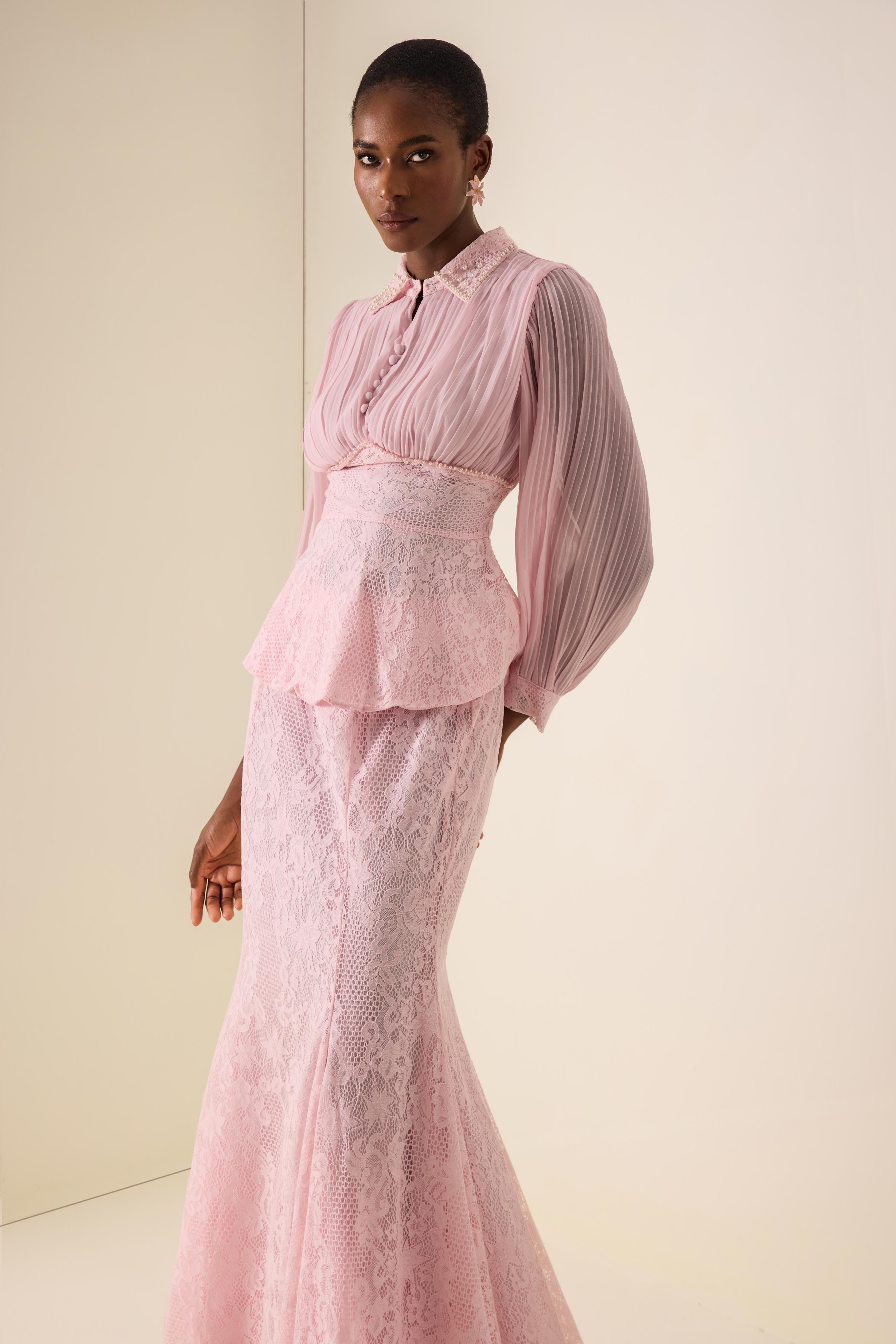Pleated Rivet Top & High Waist Midi Skirt Set