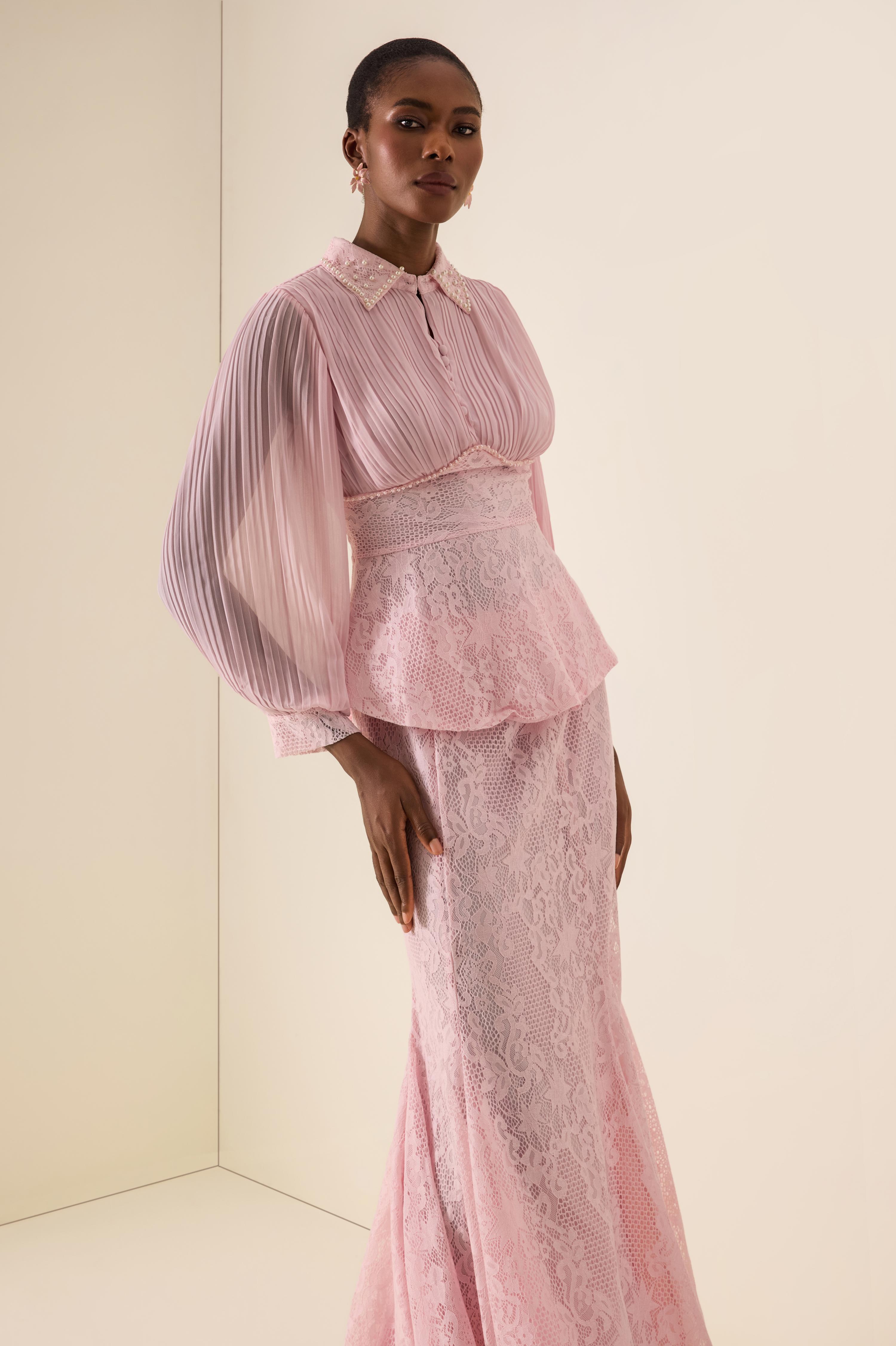 Pleated Rivet Top & High Waist Midi Skirt Set