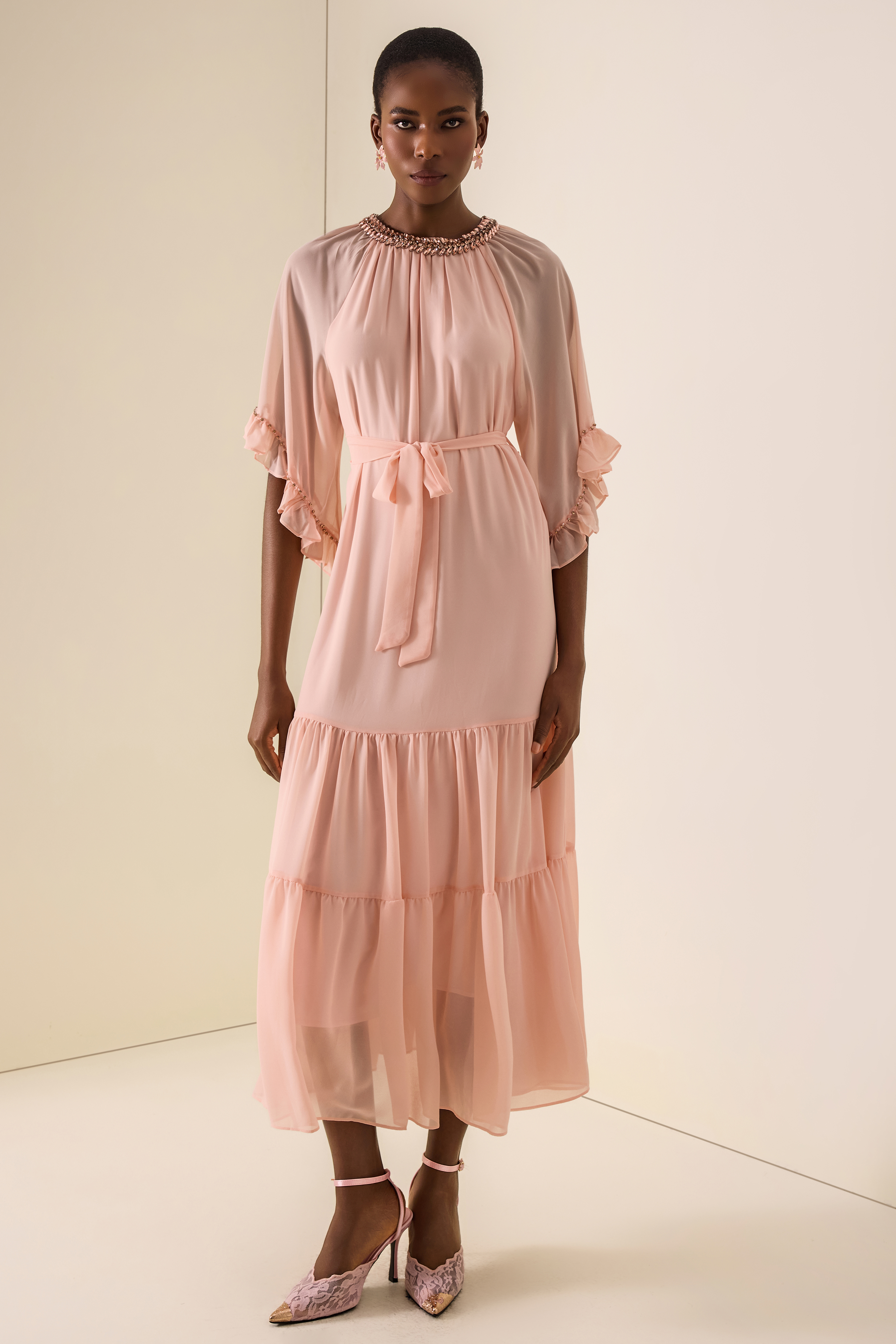 Rhinestone Frill Lace-Up Midi Dress