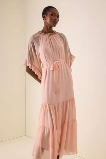 Rhinestone Frill Lace-Up Midi Dress