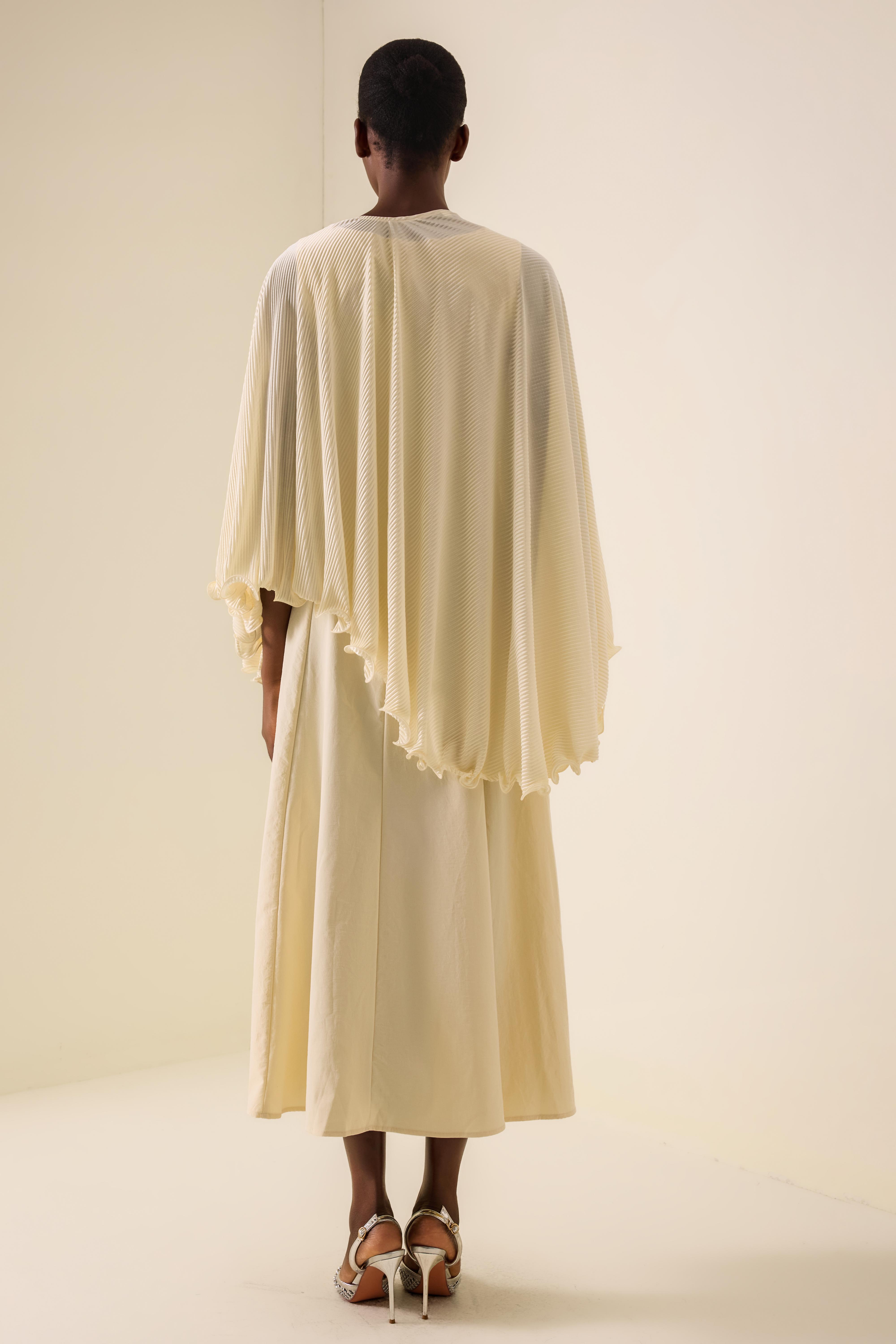 Pleated Metal Decorations Cape Top & Sleeveless Midi Dress Set