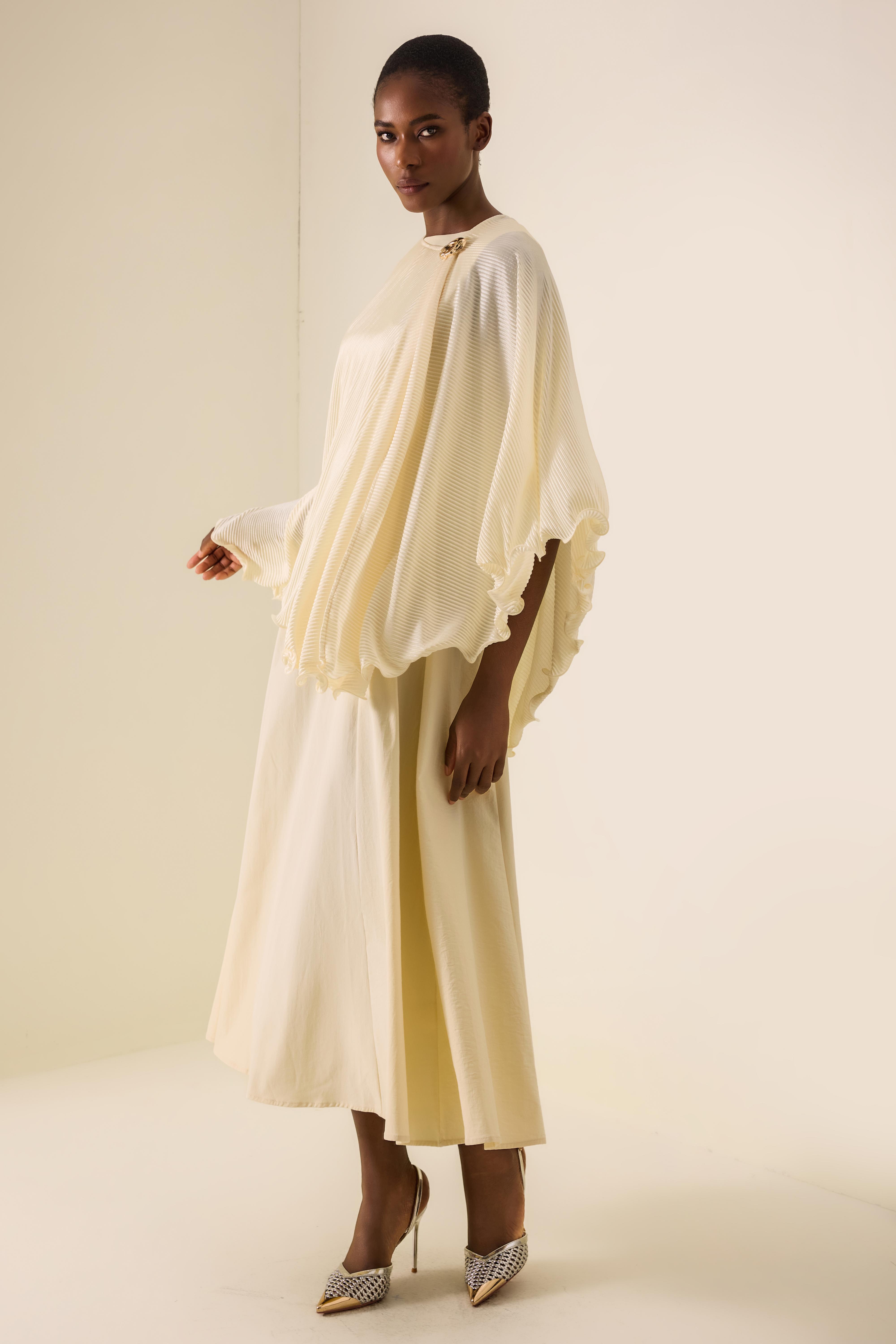 Pleated Metal Decorations Cape Top & Sleeveless Midi Dress Set