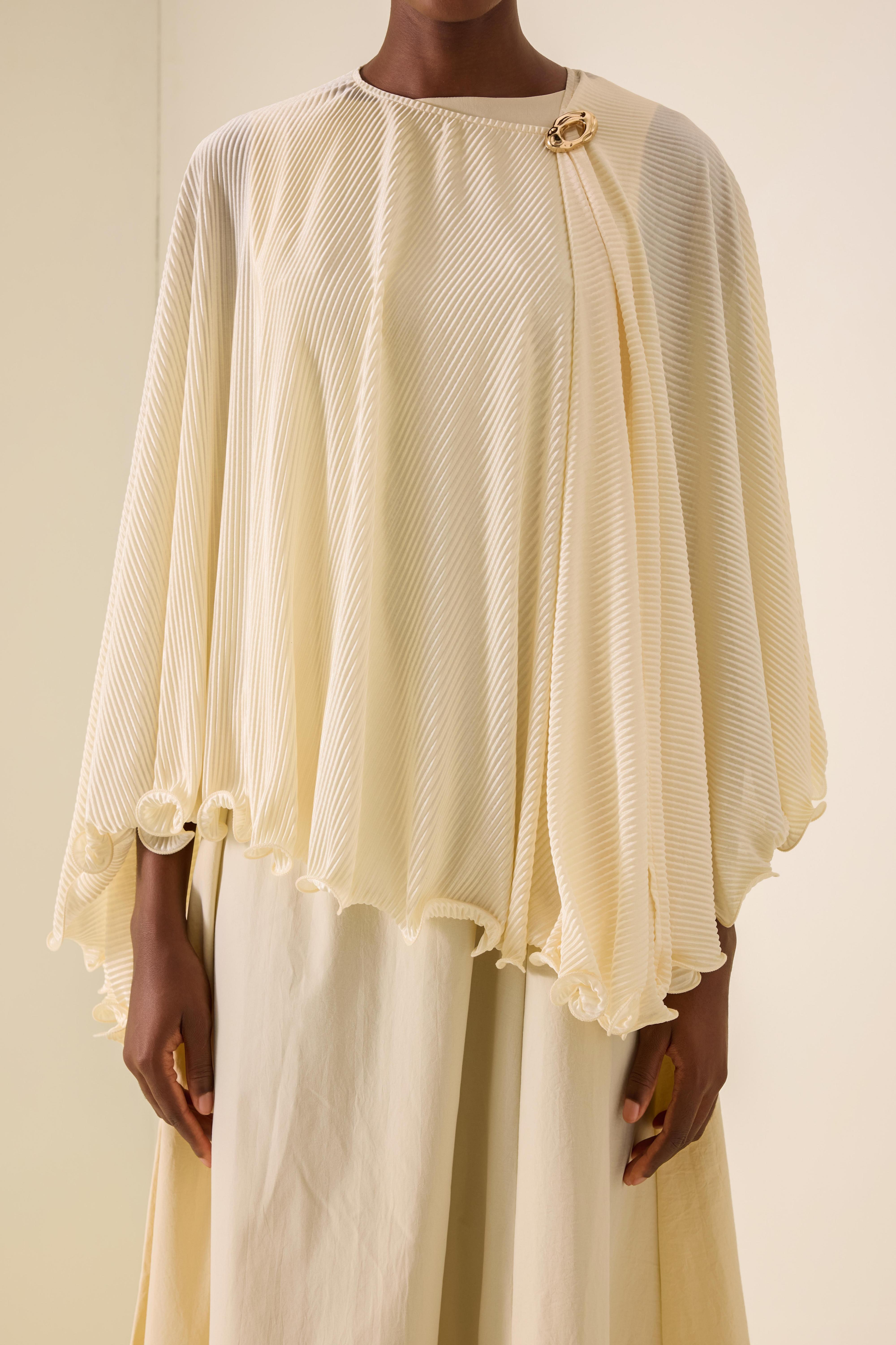 Pleated Metal Decorations Cape Top & Sleeveless Midi Dress Set