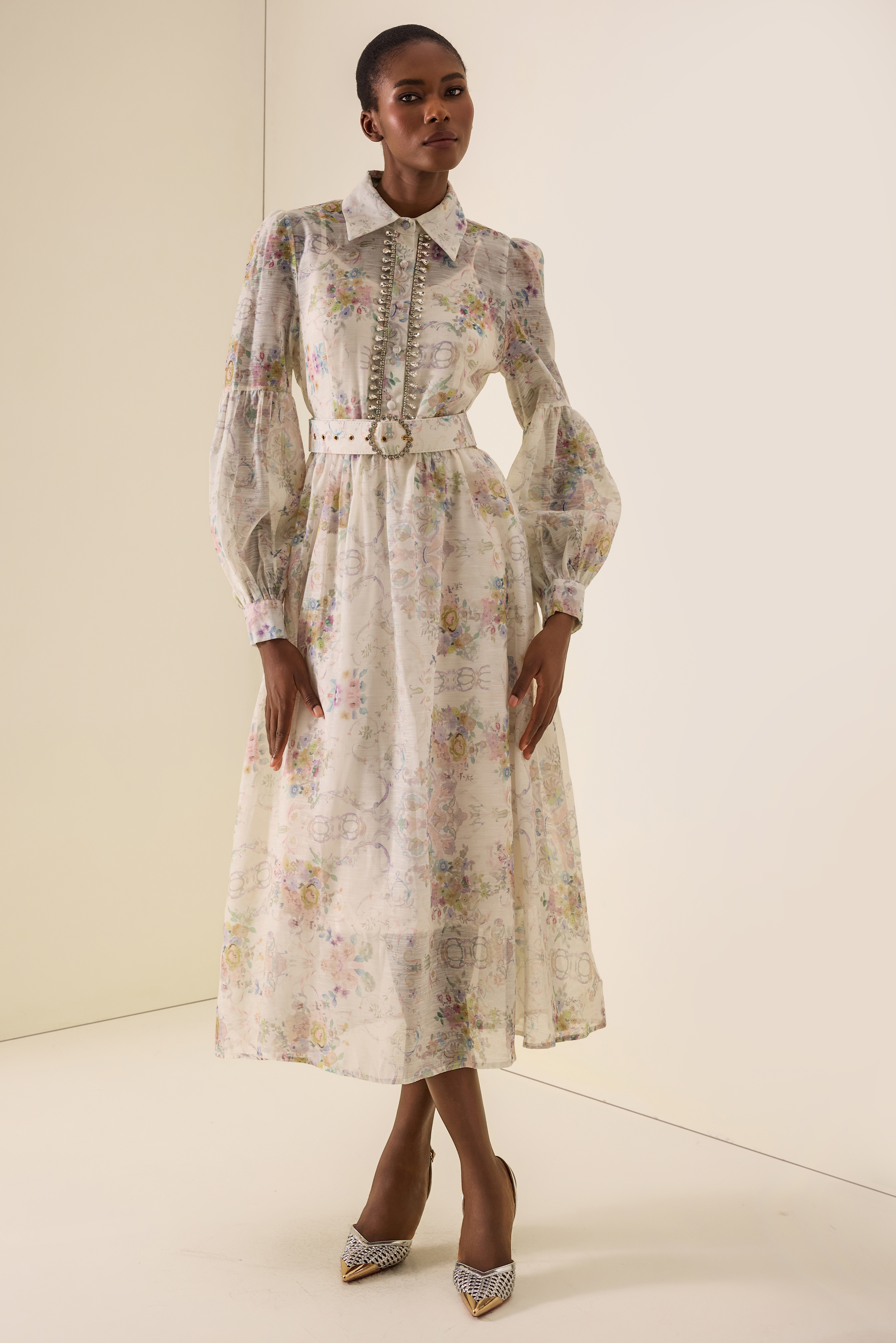Floral Rhinestone Rivets Midi Dress With Belt