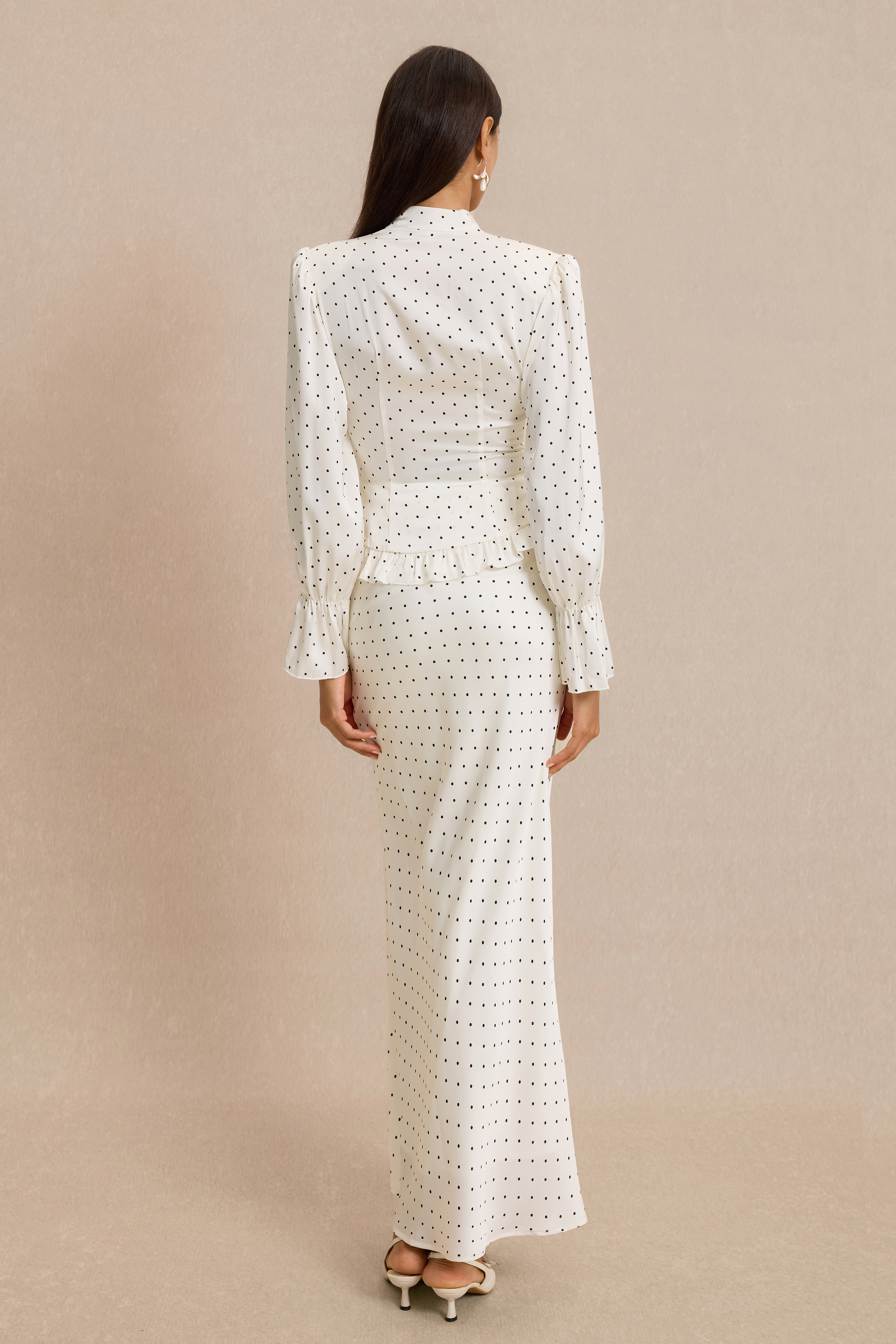 Satin Polka Dot Top & High Waist Midi Skirt Set